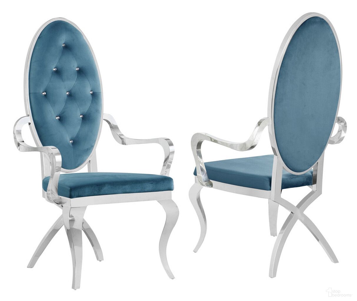Apurva Classy Tufted Arm Chairs Set of 2 In Teal Blue Velvet and Silver Stainless Steel