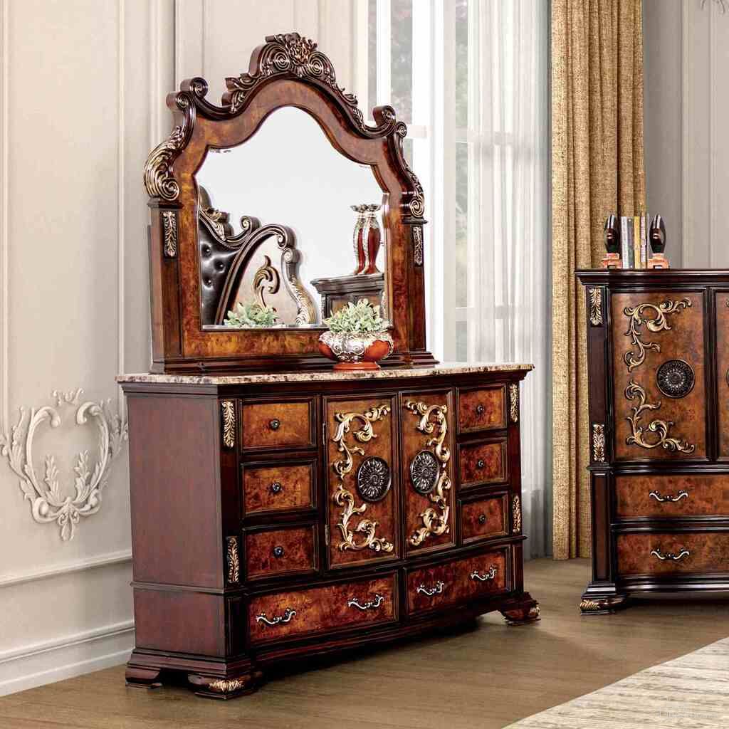 The appearance of Aquilina Dresser In Dark Cherry and Oak designed by Furniture of America in the traditional interior design. This dark cherry and oak piece of furniture  was selected by 1StopBedrooms from Aquilina Collection to add a touch of cosiness and style into your home. Sku: FM7422CH-D. Material: Stone.