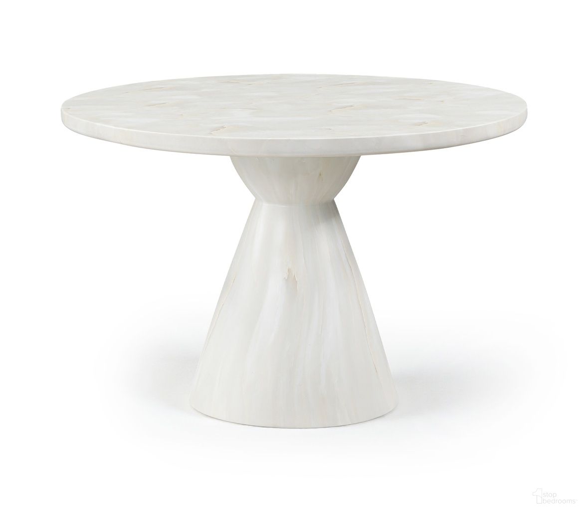 The appearance of Aquino 43.5 Inch Concrete Indoor and Outdoor Dining Table In White designed by Meridian in the modern / contemporary interior design. This white piece of furniture  was selected by 1StopBedrooms from Aquino Collection to add a touch of cosiness and style into your home. Sku: 811White-T Box 1/2 (Top);811White-T Box 2/2 (Base). Table Base Style: Pedestal. Table Top Shape: Round. Material: Concrete. Size: 43".