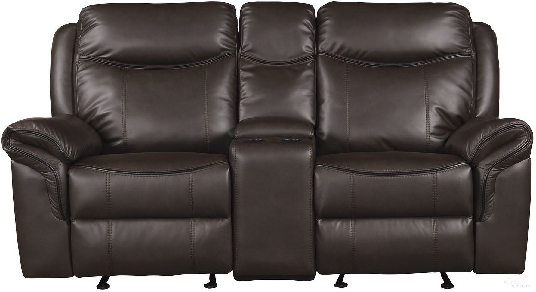 The appearance of Aram Dark Brown Double Glider Reclining Console Loveseat designed by Homelegance in the transitional interior design. This dark brown piece of furniture was selected by 1StopBedrooms from Aram Collection to add a touch of cosiness and style into your home. Sku: 8206BRW-2. Material: Polyester.