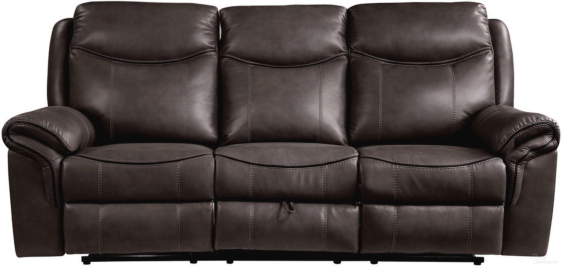 The appearance of Aram Dark Brown Double Reclining Sofa designed by Homelegance in the transitional interior design. This dark brown piece of furniture was selected by 1StopBedrooms from Aram Collection to add a touch of cosiness and style into your home. Sku: 8206BRW-3. Material: Polyester.