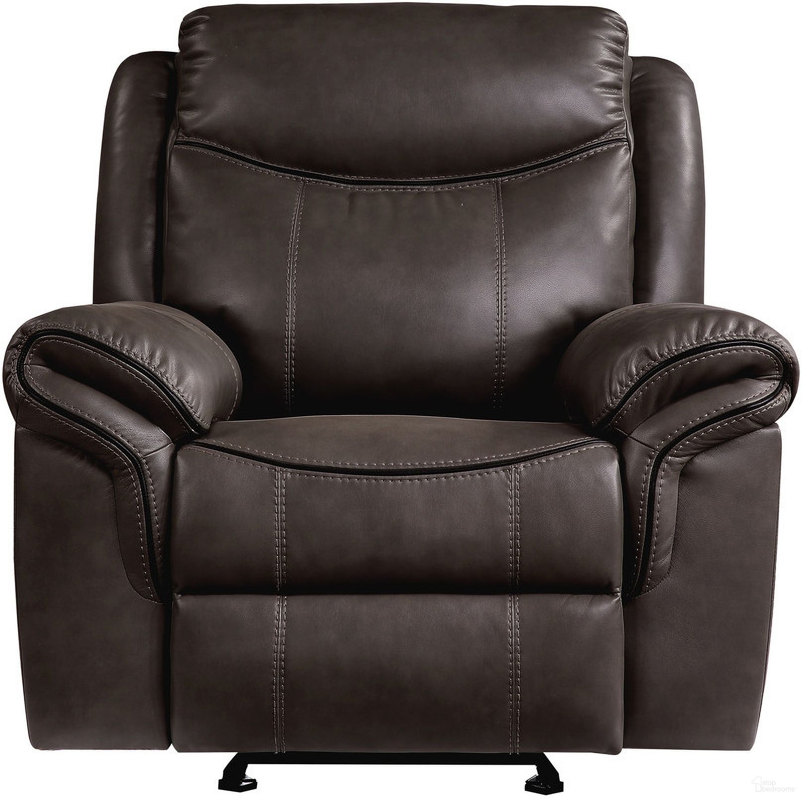 The appearance of Aram Dark Brown Glider Reclining Chair designed by Homelegance in the transitional interior design. This dark brown piece of furniture was selected by 1StopBedrooms from Aram Collection to add a touch of cosiness and style into your home. Sku: 8206BRW-1. Material: Polyester.