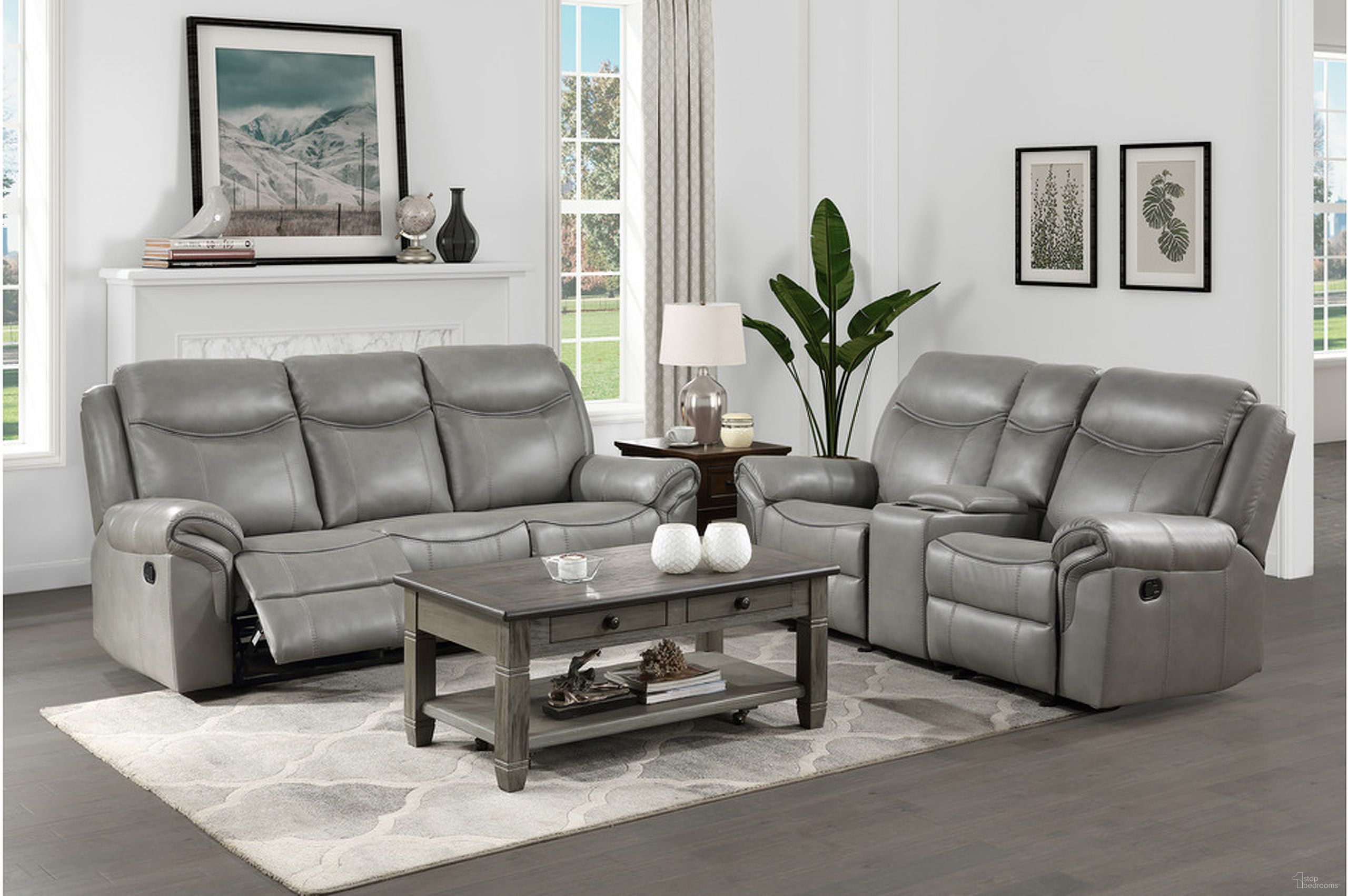 The appearance of Aram Gray Glider Reclining Living Room Set With Center Drop Down Cup Holders designed by Homelegance in the modern / contemporary interior design. This gray piece of furniture  was selected by 1StopBedrooms from Aram Collection to add a touch of cosiness and style into your home. Sku: 8206GRY-3;8206GRY-2. Material: Cotton.