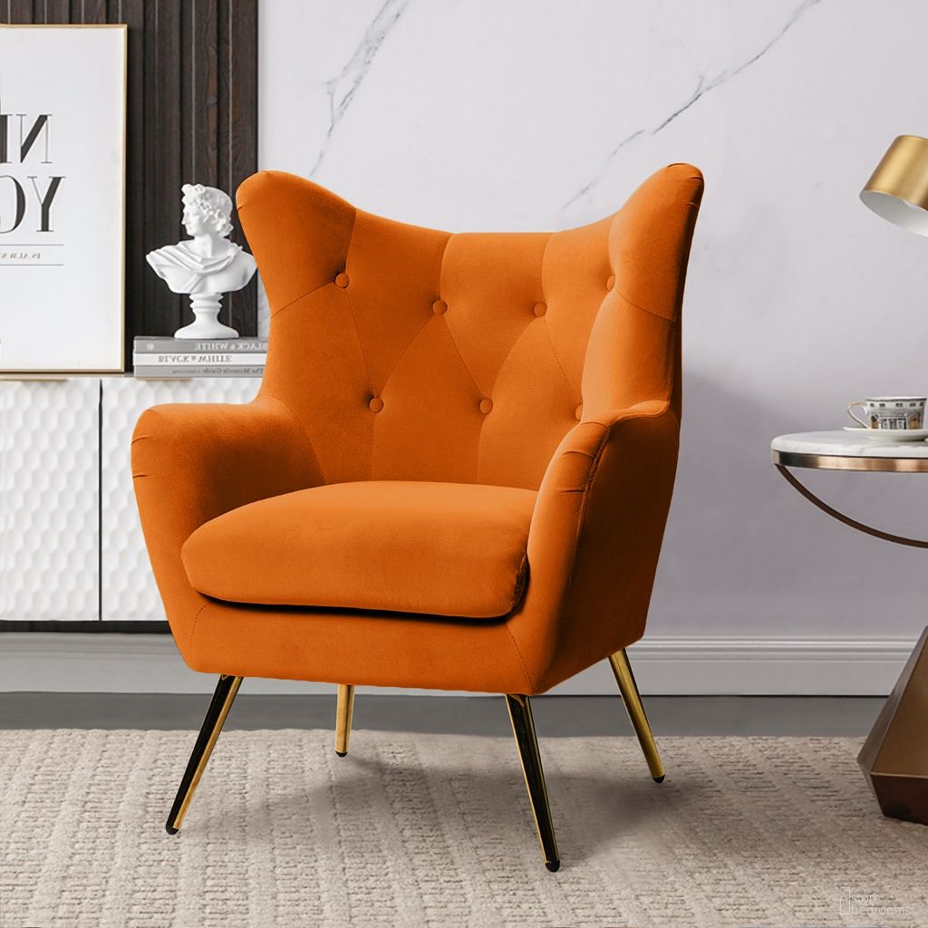 The appearance of Arama Accent Chair In Orange designed by Karat Home in the modern / contemporary interior design. This orange piece of furniture was selected by 1StopBedrooms from Arama Collection to add a touch of cosiness and style into your home. Sku: CHDT0103-ORANGE. Material: Velvet.