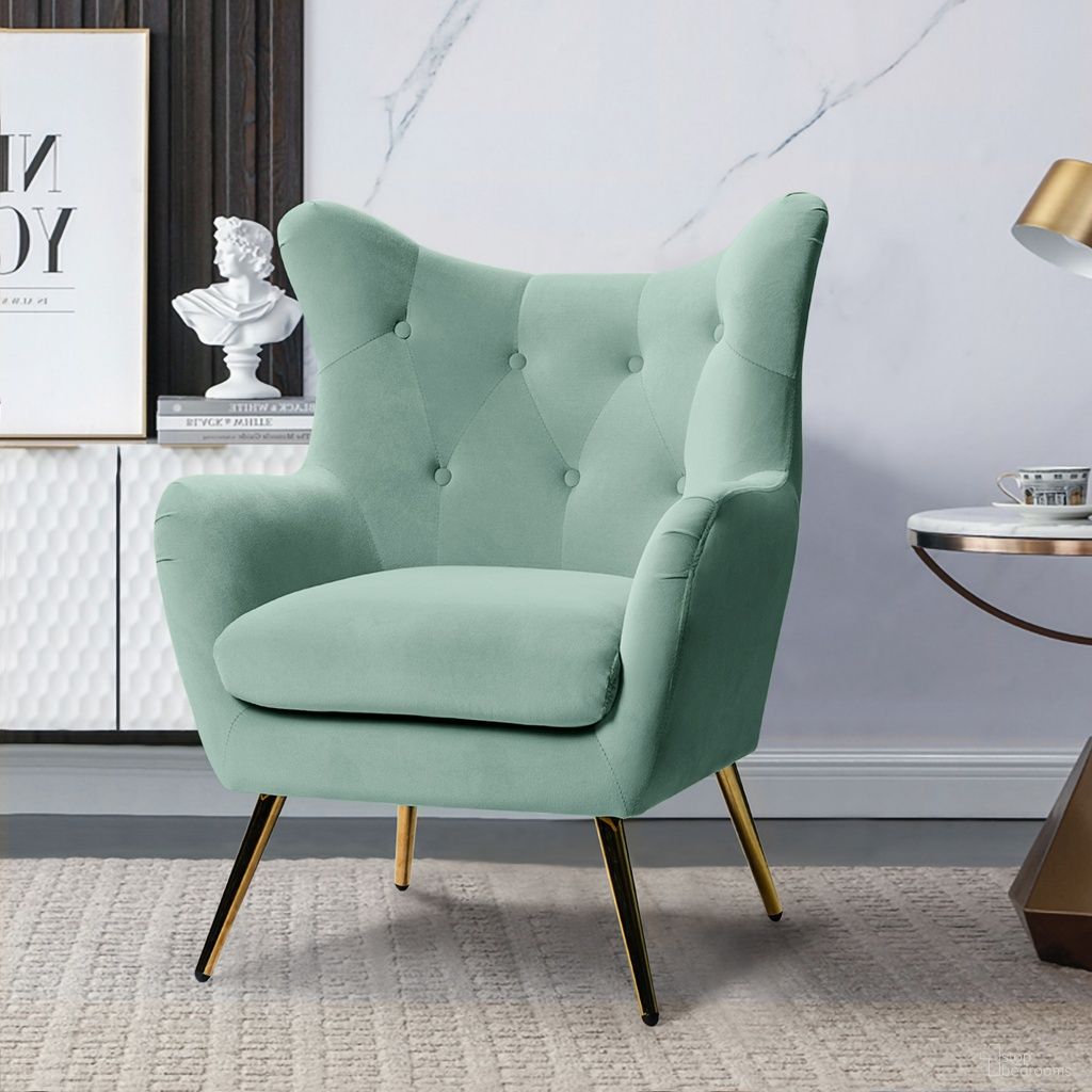 The appearance of Arama Accent Chair In Sage designed by Karat Home in the modern / contemporary interior design. This sage piece of furniture was selected by 1StopBedrooms from Arama Collection to add a touch of cosiness and style into your home. Sku: CHDT0103-SAGE. Material: Velvet.