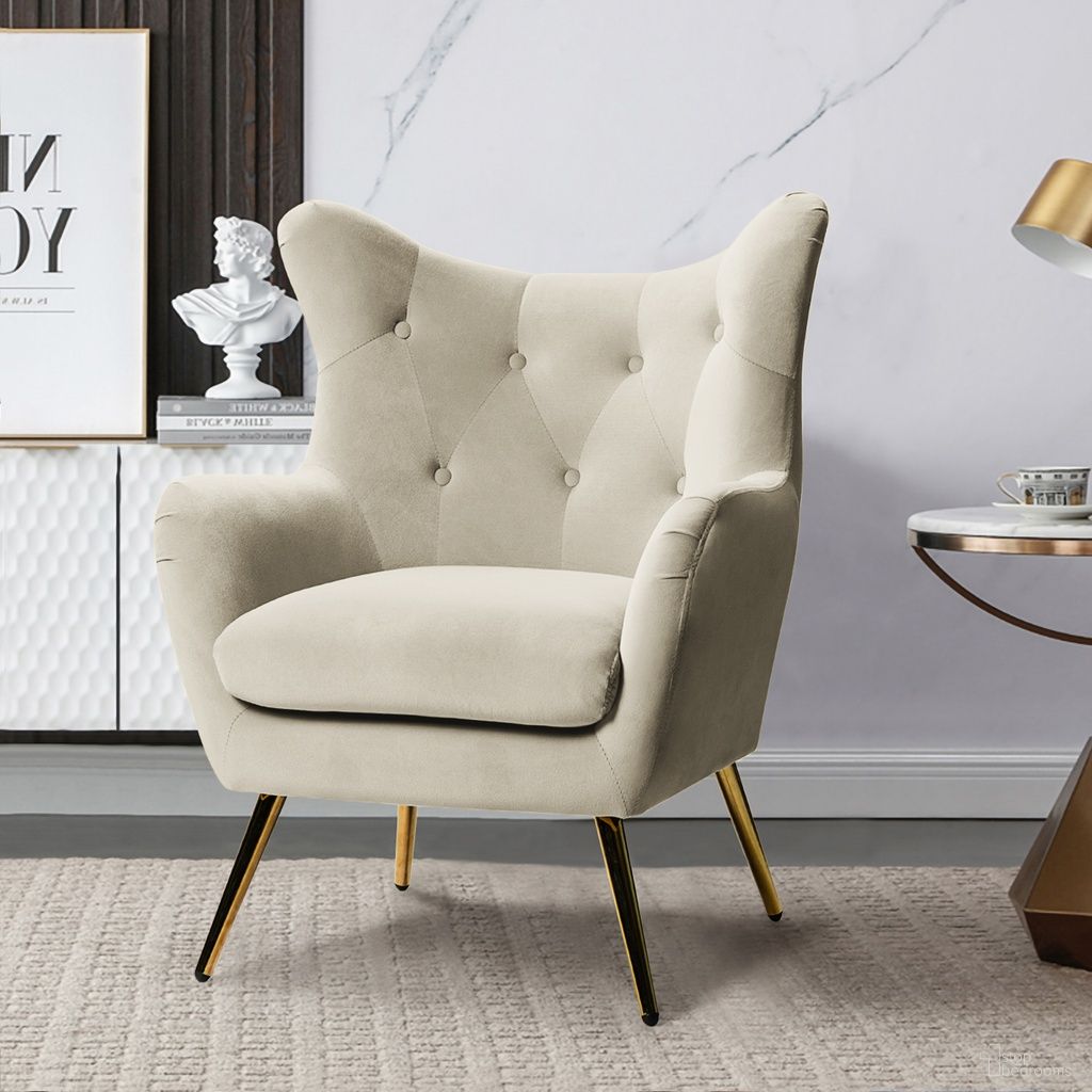 The appearance of Arama Accent Chair In Tan designed by Karat Home in the modern / contemporary interior design. This tan piece of furniture was selected by 1StopBedrooms from Arama Collection to add a touch of cosiness and style into your home. Sku: CHDT0103-TAN. Material: Velvet.