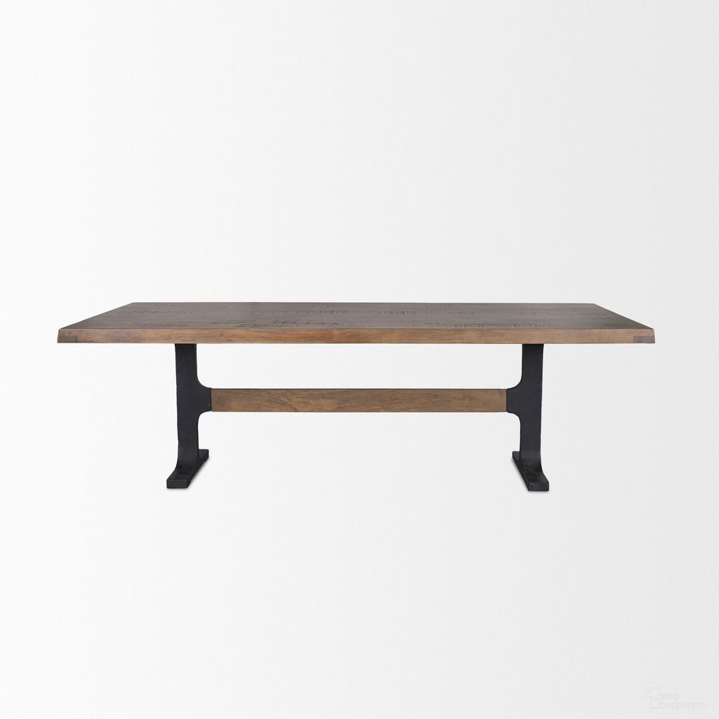 The appearance of Araxi Rectangular Wood with Black Metal Base Dining Table In Brown designed by Mercana in the transitional interior design. This brown piece of furniture  was selected by 1StopBedrooms from Araxi Collection to add a touch of cosiness and style into your home. Sku: 70569-AB. Table Base Style: Trestle. Table Top Shape: Rectangular. Size: 95" x 41". Material: Solid Wood.