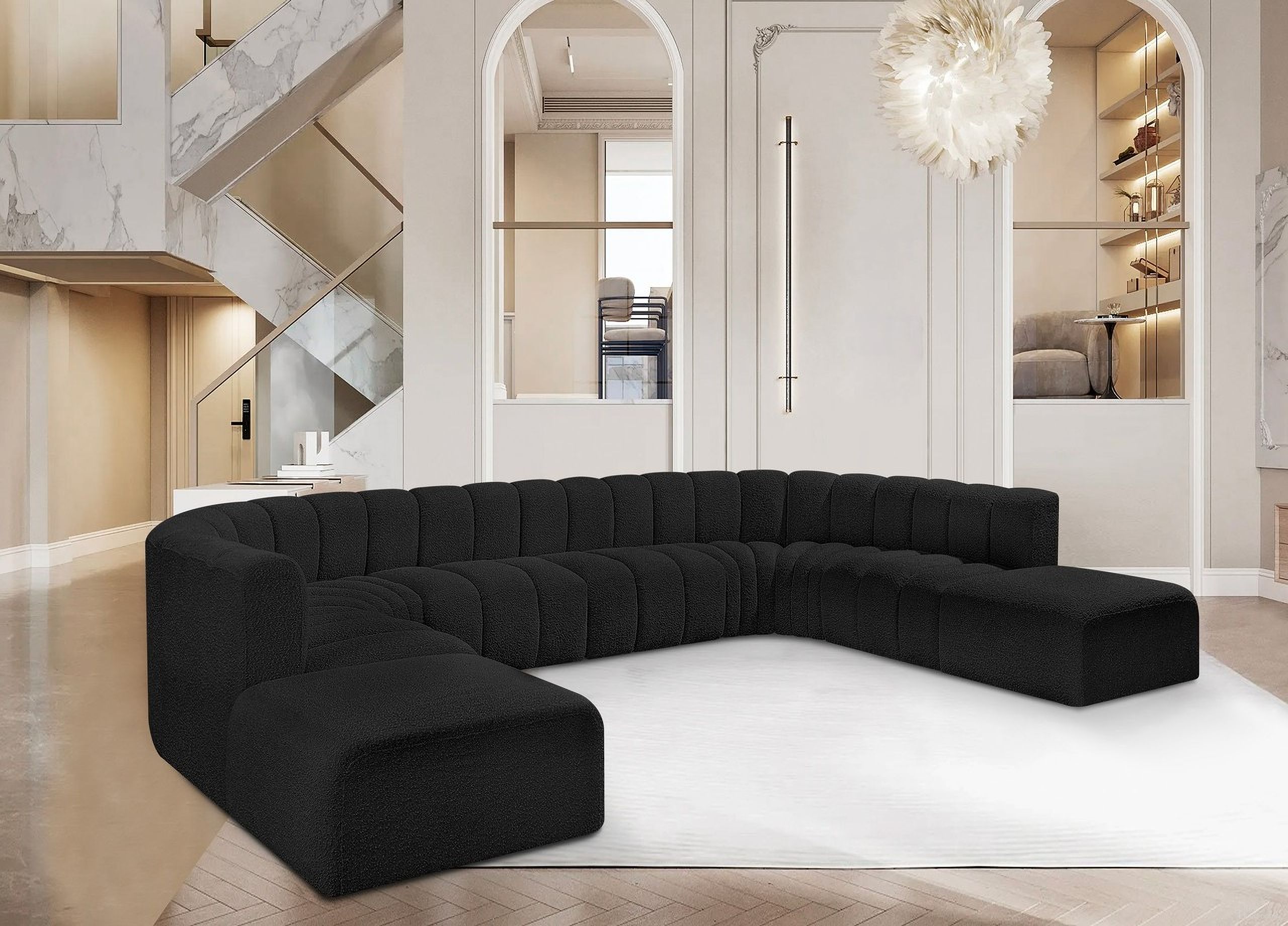 The appearance of Arc Boucle Fabric 10 Piece Modular Sofa In Black designed by Meridian in the modern / contemporary interior design. This black piece of furniture  was selected by 1StopBedrooms from Arc Collection to add a touch of cosiness and style into your home. Sku: 102Black-ST;102Black-ST;102Black-ST;102Black-ST;102Black-CC;102Black-CC;102Black-CC;102Black-CC;102Black-Ott;102Black-Ott. Layout: Modular. Material: Boucle.