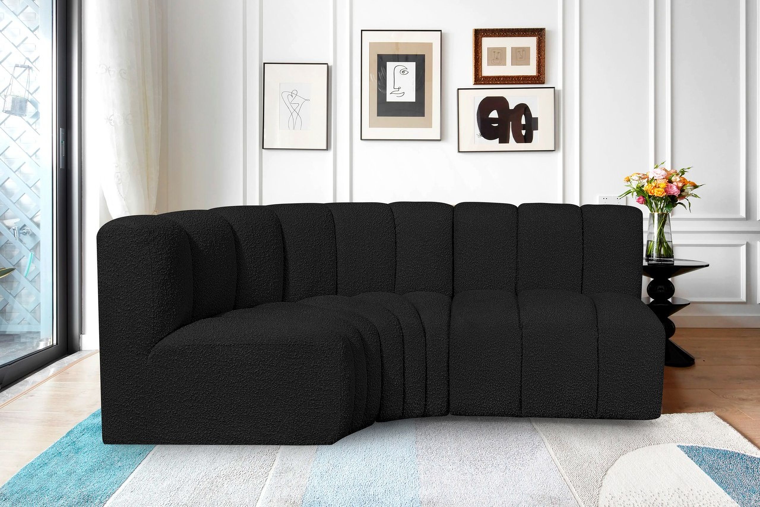 Arc Boucle Fabric 3 Piece Modular Sofa In Black
