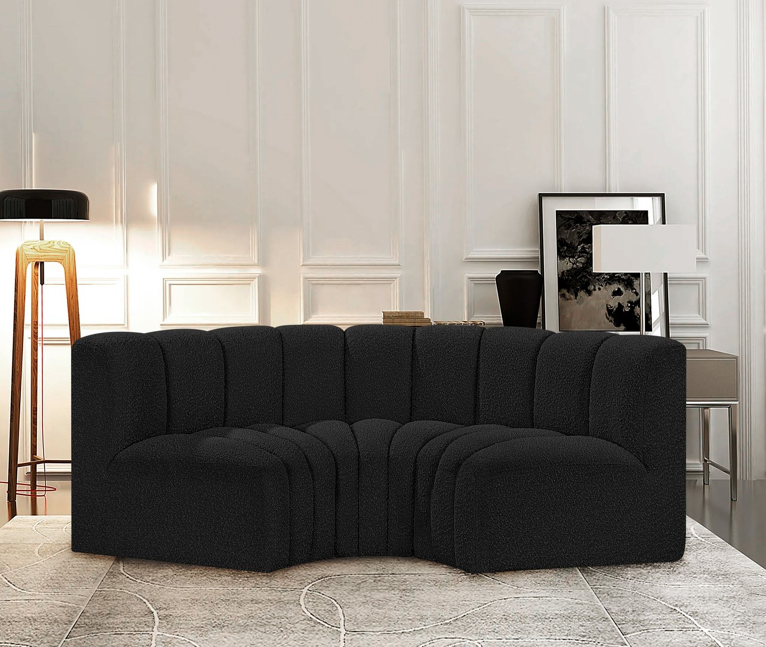 Arc Boucle Fabric 3 Piece Modular Sofa In Black