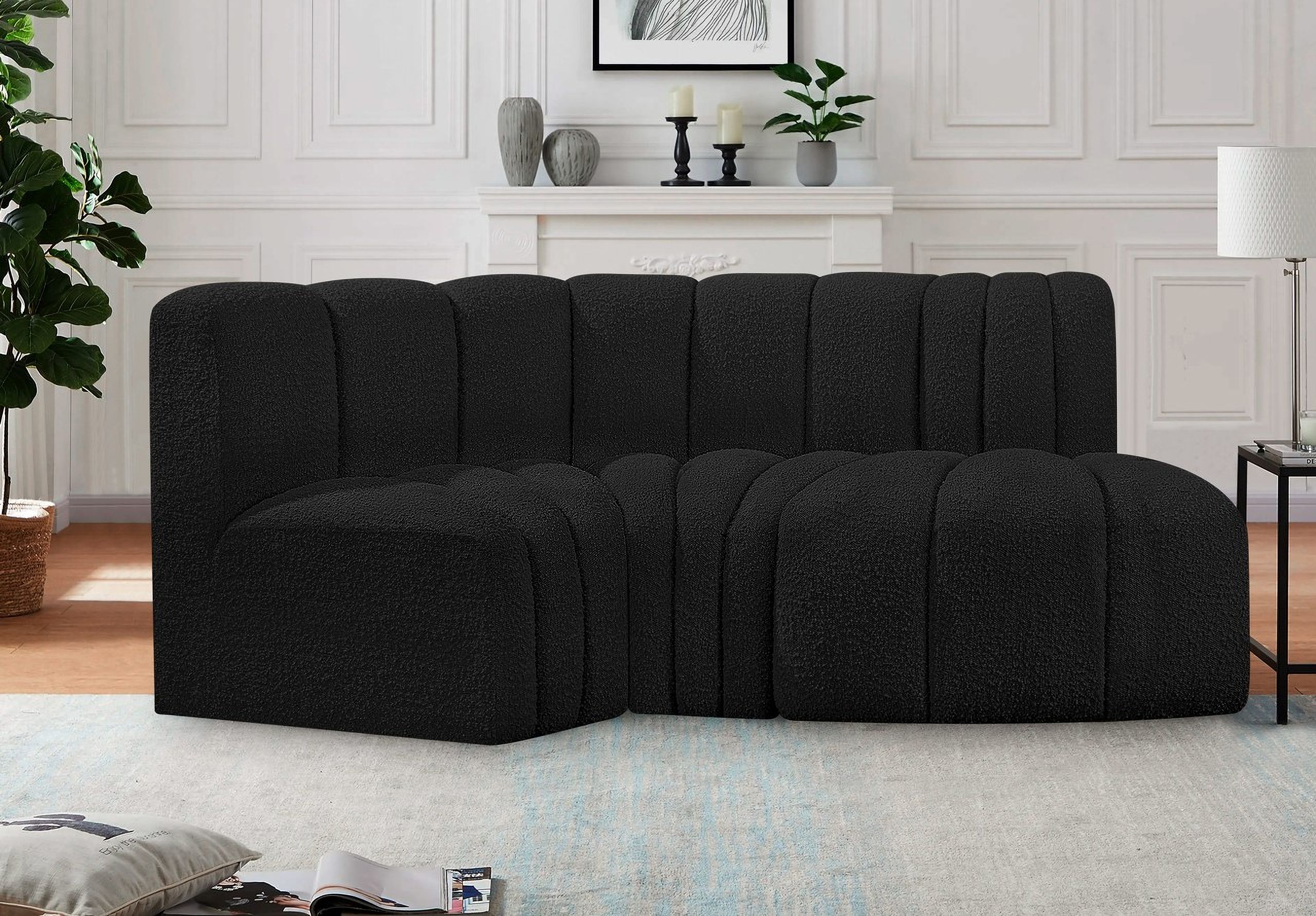 Arc Boucle Fabric 3 Piece Modular Sofa In Black