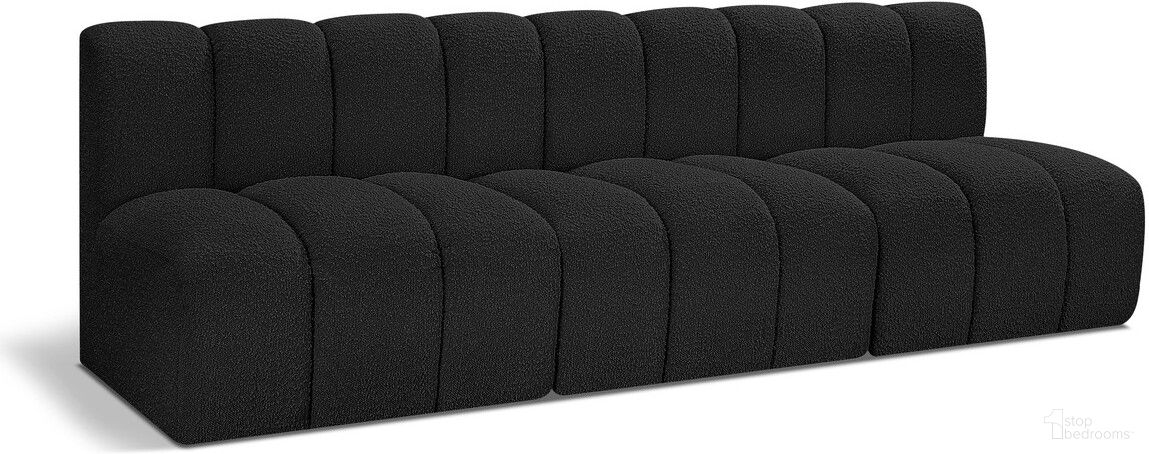 The appearance of Arc Boucle Fabric 3 Seater Modular Sofa In Black designed by Meridian in the modern / contemporary interior design. This black piece of furniture was selected by 1StopBedrooms from Arc Collection to add a touch of cosiness and style into your home. Sku: 102Black-ST;102Black-ST;102Black-ST. Material: Boucle.