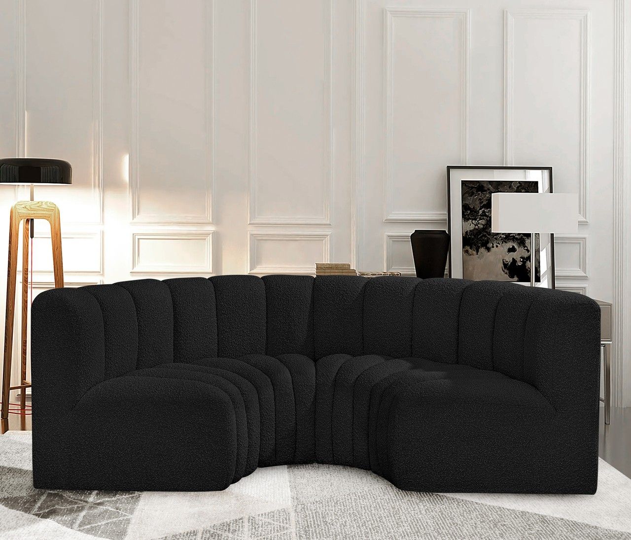 Arc Boucle Fabric 4 Piece Modular Sofa In Black