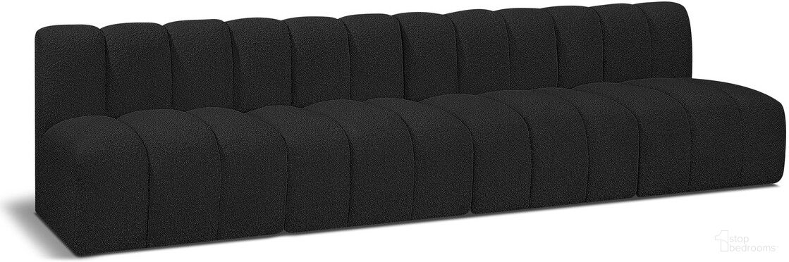 The appearance of Arc Boucle Fabric 4 Seater Modular Sofa In Black designed by Meridian in the modern / contemporary interior design. This black piece of furniture was selected by 1StopBedrooms from Arc Collection to add a touch of cosiness and style into your home. Sku: 102Black-ST;102Black-ST;102Black-ST;102Black-ST. Material: Boucle.