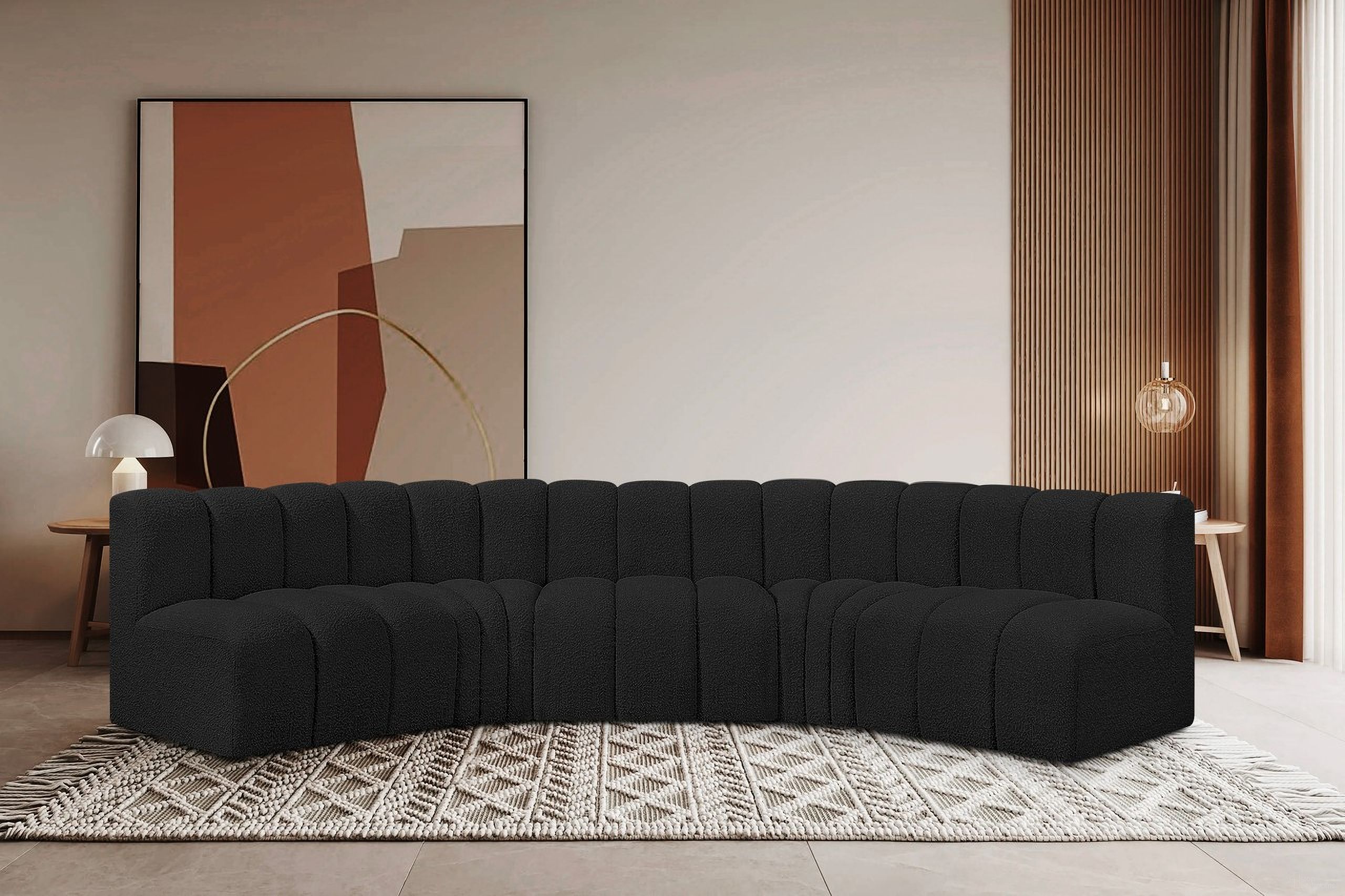 The appearance of Arc Boucle Fabric 5 Piece Modular Sofa In Black designed by Meridian in the modern / contemporary interior design. This black piece of furniture  was selected by 1StopBedrooms from Arc Collection to add a touch of cosiness and style into your home. Sku: 102Black-ST;102Black-ST;102Black-ST;102Black-CC;102Black-CC. Layout: Modular. Material: Boucle.