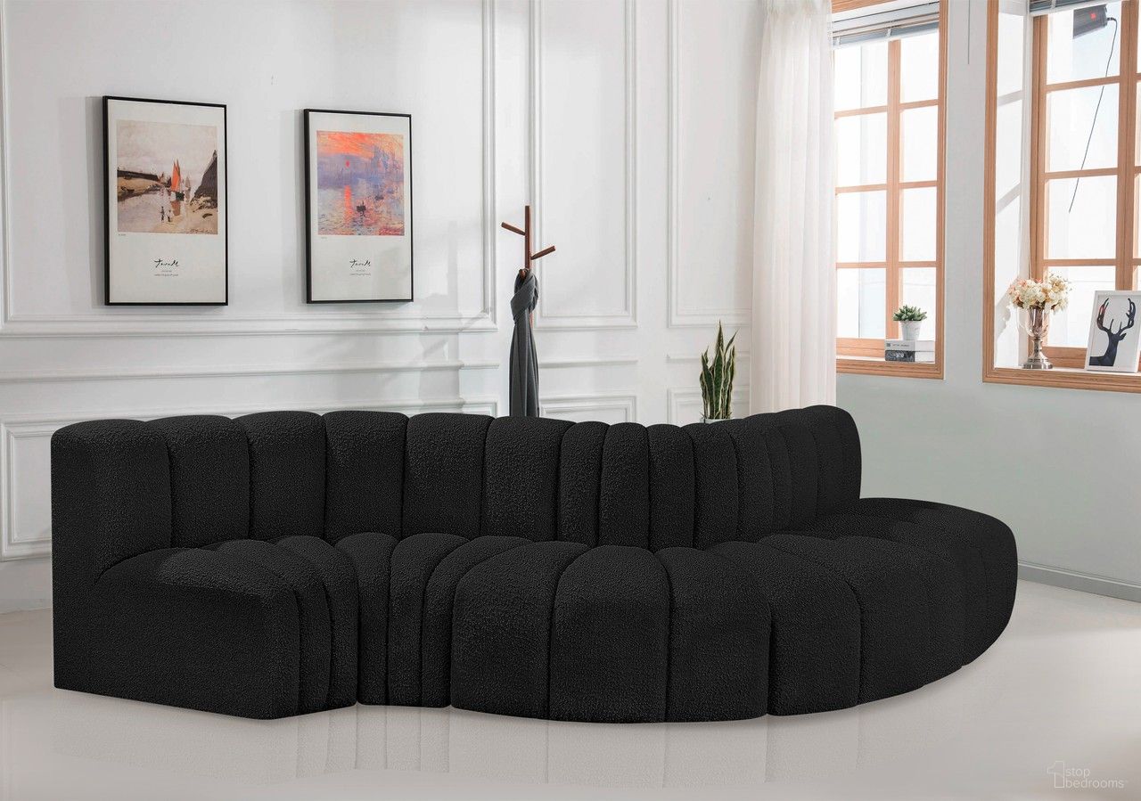 The appearance of Arc Boucle Fabric 5 Piece Modular Sofa In Black designed by Meridian in the modern / contemporary interior design. This black piece of furniture  was selected by 1StopBedrooms from Arc Collection to add a touch of cosiness and style into your home. Sku: 102Black-ST;102Black-CC;102Black-CC;102Black-RC;102Black-RC. Layout: Modular. Material: Boucle.