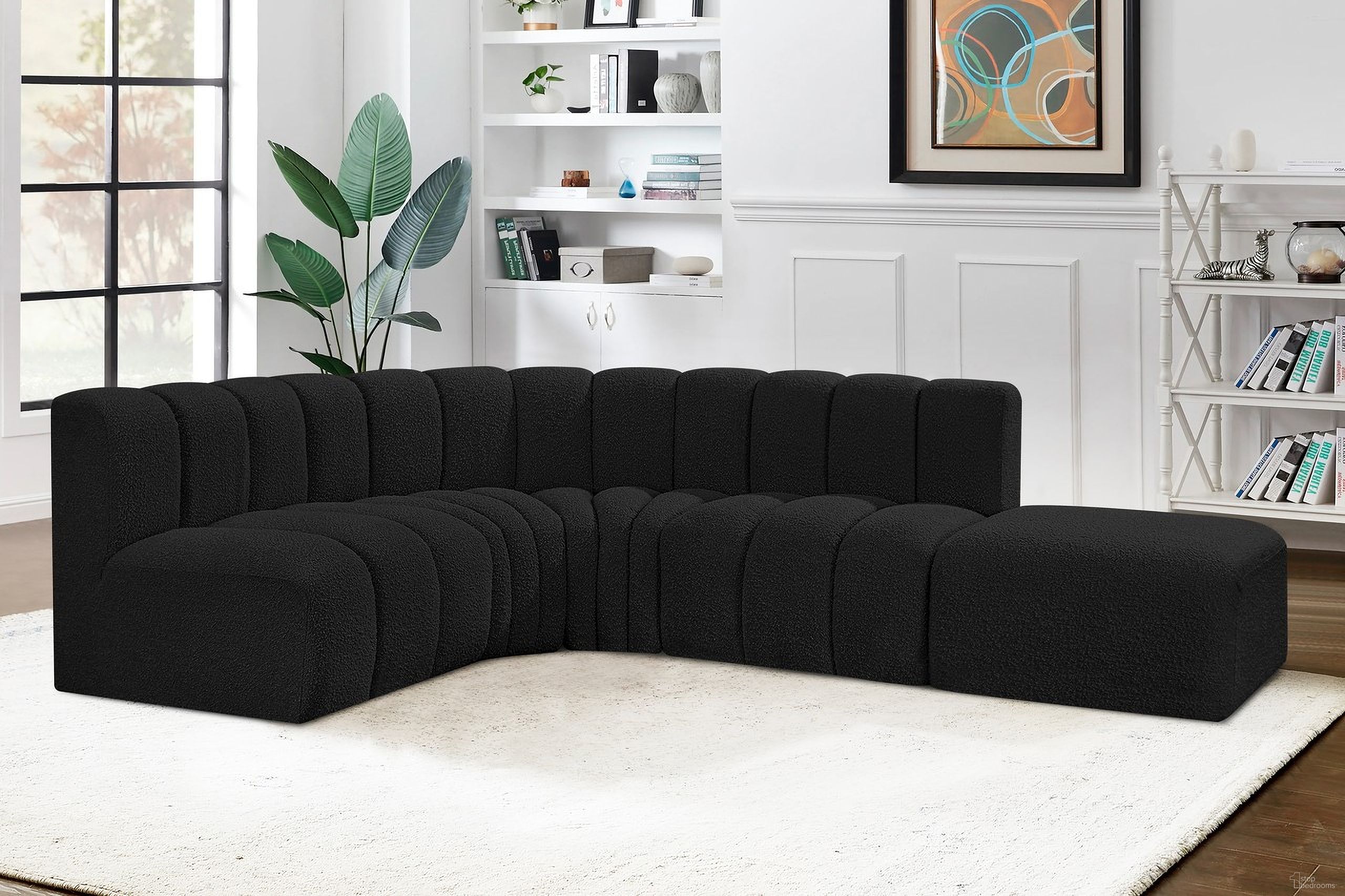 The appearance of Arc Boucle Fabric 5 Piece Modular Sofa In Black designed by Meridian in the modern / contemporary interior design. This black piece of furniture  was selected by 1StopBedrooms from Arc Collection to add a touch of cosiness and style into your home. Sku: 102Black-ST;102Black-ST;102Black-CC;102Black-CC;102Black-Ott. Layout: Modular. Material: Boucle.