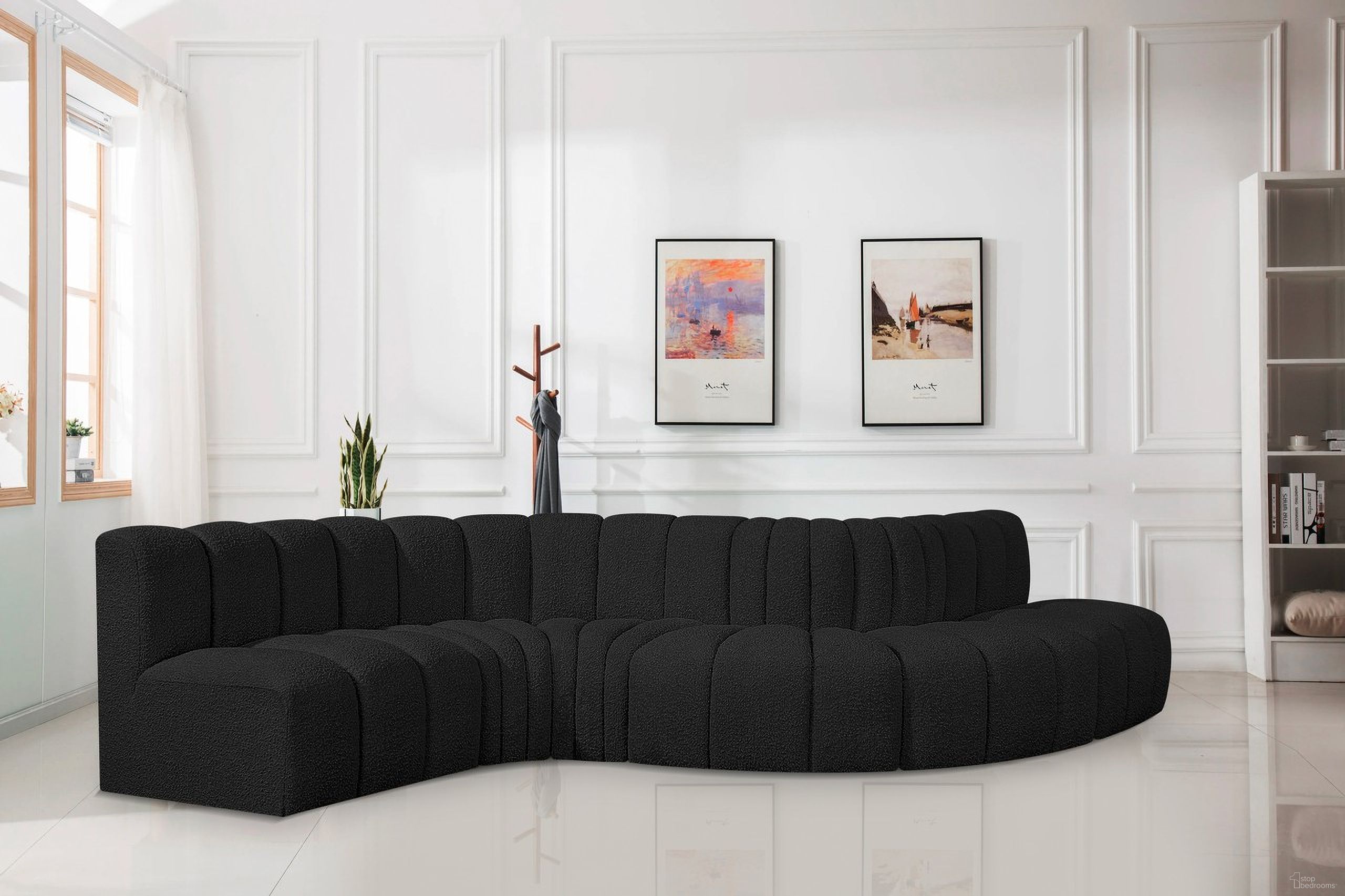 The appearance of Arc Boucle Fabric 6 Piece Modular Sofa In Black designed by Meridian in the modern / contemporary interior design. This black piece of furniture  was selected by 1StopBedrooms from Arc Collection to add a touch of cosiness and style into your home. Sku: 102Black-ST;102Black-ST;102Black-CC;102Black-CC;102Black-RC;102Black-RC. Layout: Modular. Material: Boucle.