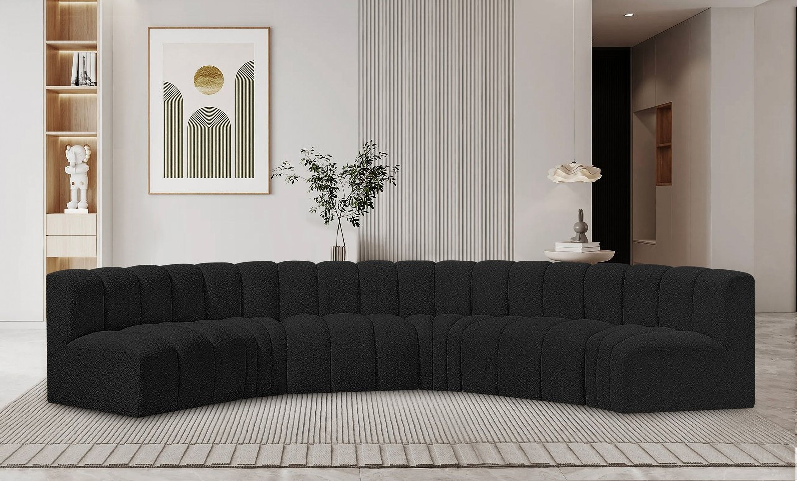 The appearance of Arc Boucle Fabric 6 Piece Modular Sofa In Black designed by Meridian in the modern / contemporary interior design. This black piece of furniture  was selected by 1StopBedrooms from Arc Collection to add a touch of cosiness and style into your home. Sku: 102Black-ST;102Black-ST;102Black-ST;102Black-CC;102Black-CC;102Black-CC. Layout: Modular. Material: Boucle.