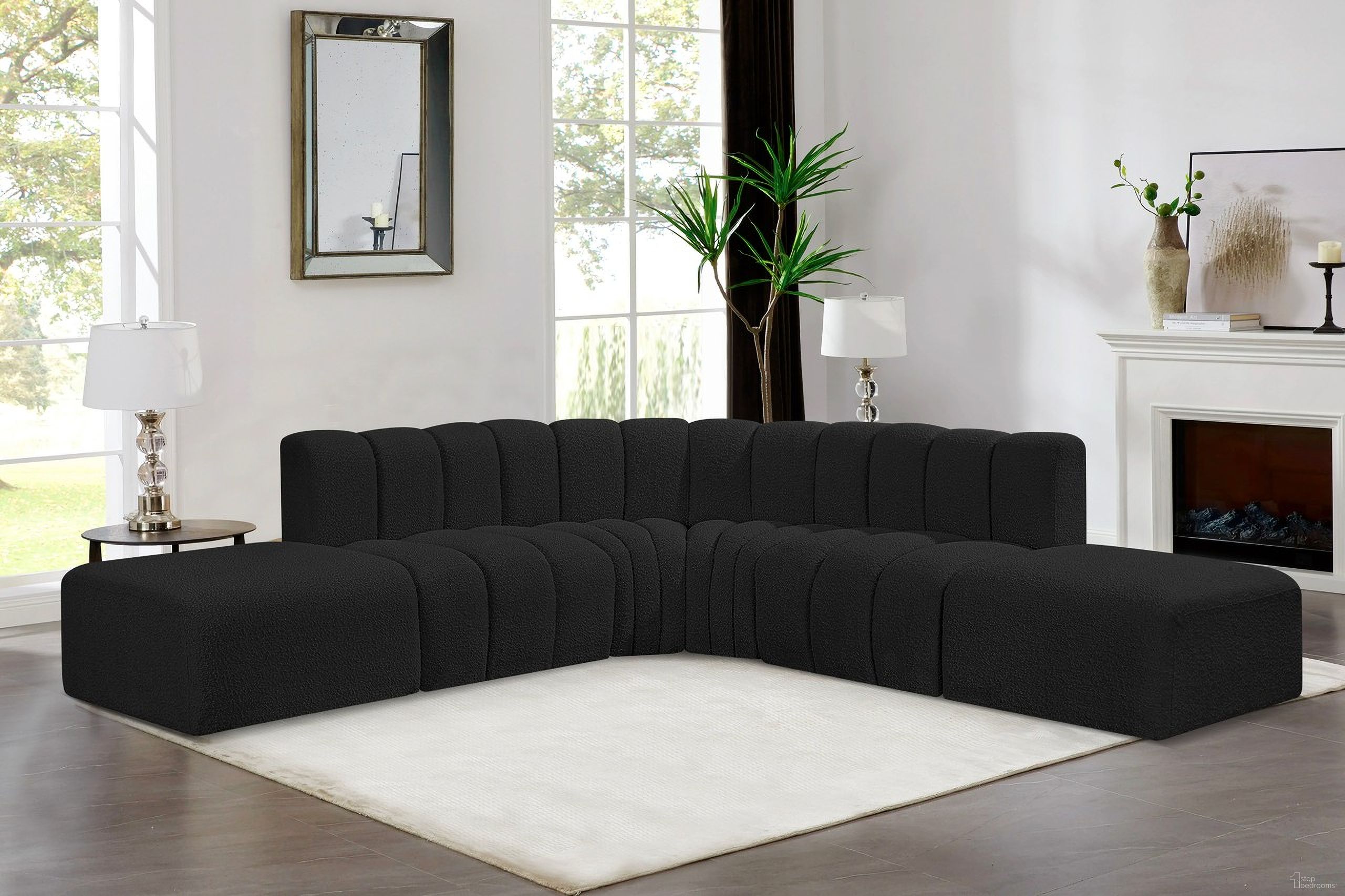 The appearance of Arc Boucle Fabric 6 Piece Modular Sofa In Black designed by Meridian in the modern / contemporary interior design. This black piece of furniture  was selected by 1StopBedrooms from Arc Collection to add a touch of cosiness and style into your home. Sku: 102Black-ST;102Black-ST;102Black-CC;102Black-CC;102Black-Ott;102Black-Ott. Layout: Modular. Material: Boucle.