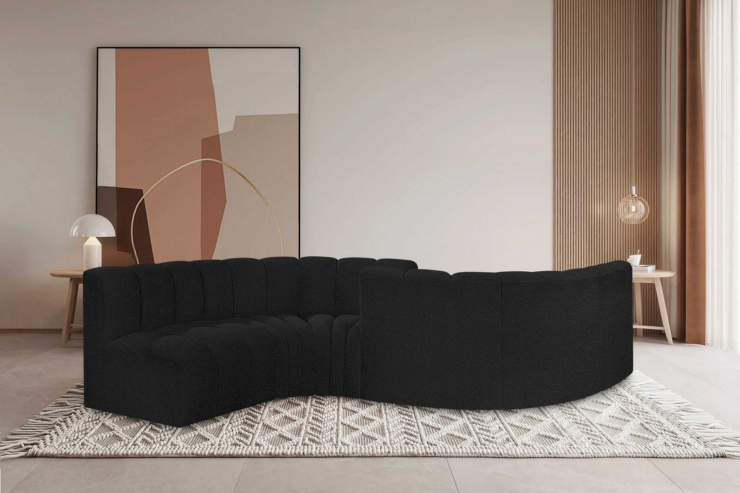 The appearance of Arc Boucle Fabric 6 Piece Modular Sofa In Black designed by Meridian in the modern / contemporary interior design. This black piece of furniture  was selected by 1StopBedrooms from Arc Collection to add a touch of cosiness and style into your home. Sku: 102Black-ST;102Black-ST;102Black-CC;102Black-CC;102Black-CC;102Black-CC. Layout: Modular. Material: Boucle.