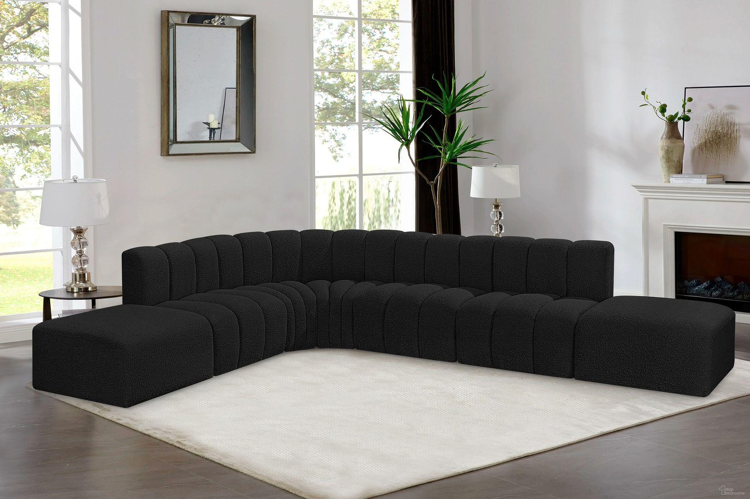 The appearance of Arc Boucle Fabric 7 Piece Modular Sofa In Black designed by Meridian in the modern / contemporary interior design. This black piece of furniture  was selected by 1StopBedrooms from Arc Collection to add a touch of cosiness and style into your home. Sku: 102Black-ST;102Black-ST;102Black-ST;102Black-CC;102Black-CC;102Black-Ott;102Black-Ott. Layout: Modular. Material: Boucle.