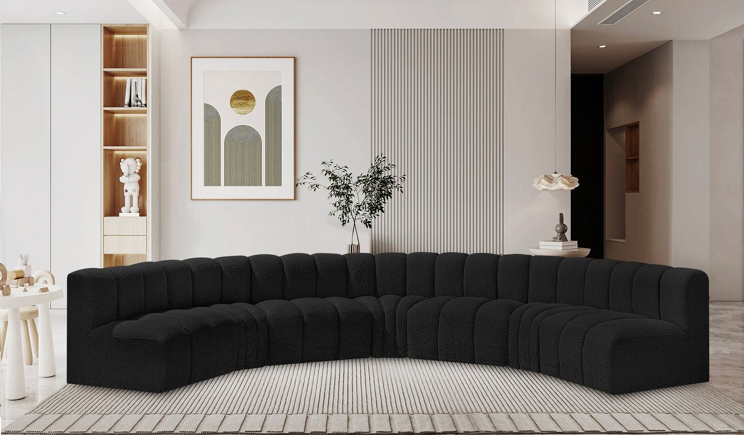 The appearance of Arc Boucle Fabric 7 Piece Modular Sofa In Black designed by Meridian in the modern / contemporary interior design. This black piece of furniture  was selected by 1StopBedrooms from Arc Collection to add a touch of cosiness and style into your home. Sku: 102Black-ST;102Black-ST;102Black-ST;102Black-ST;102Black-CC;102Black-CC;102Black-CC. Layout: Modular. Material: Boucle.