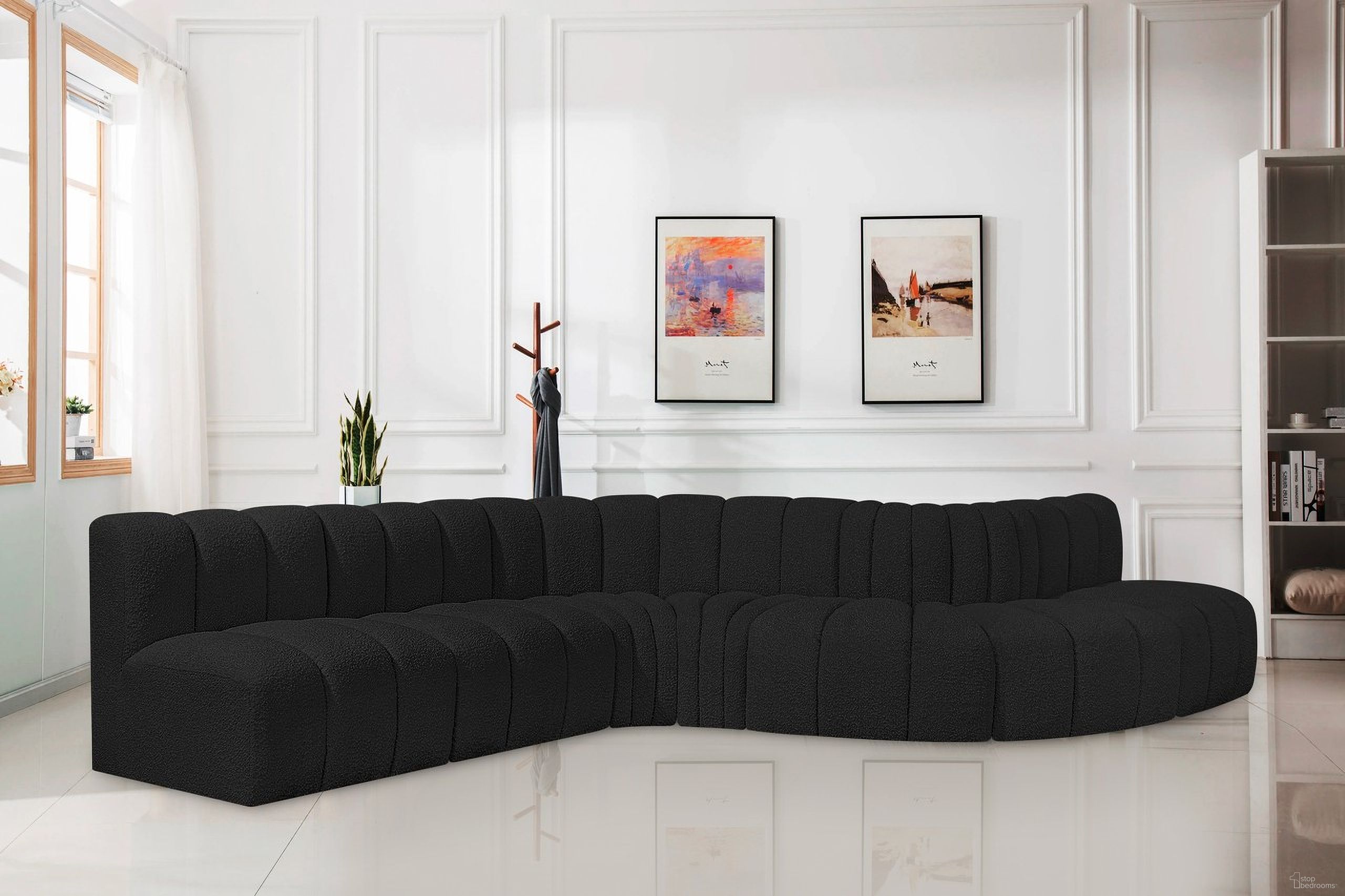 The appearance of Arc Boucle Fabric 7 Piece Modular Sofa In Black designed by Meridian in the modern / contemporary interior design. This black piece of furniture  was selected by 1StopBedrooms from Arc Collection to add a touch of cosiness and style into your home. Sku: 102Black-ST;102Black-ST;102Black-ST;102Black-CC;102Black-CC;102Black-RC;102Black-RC. Layout: Modular. Material: Boucle.