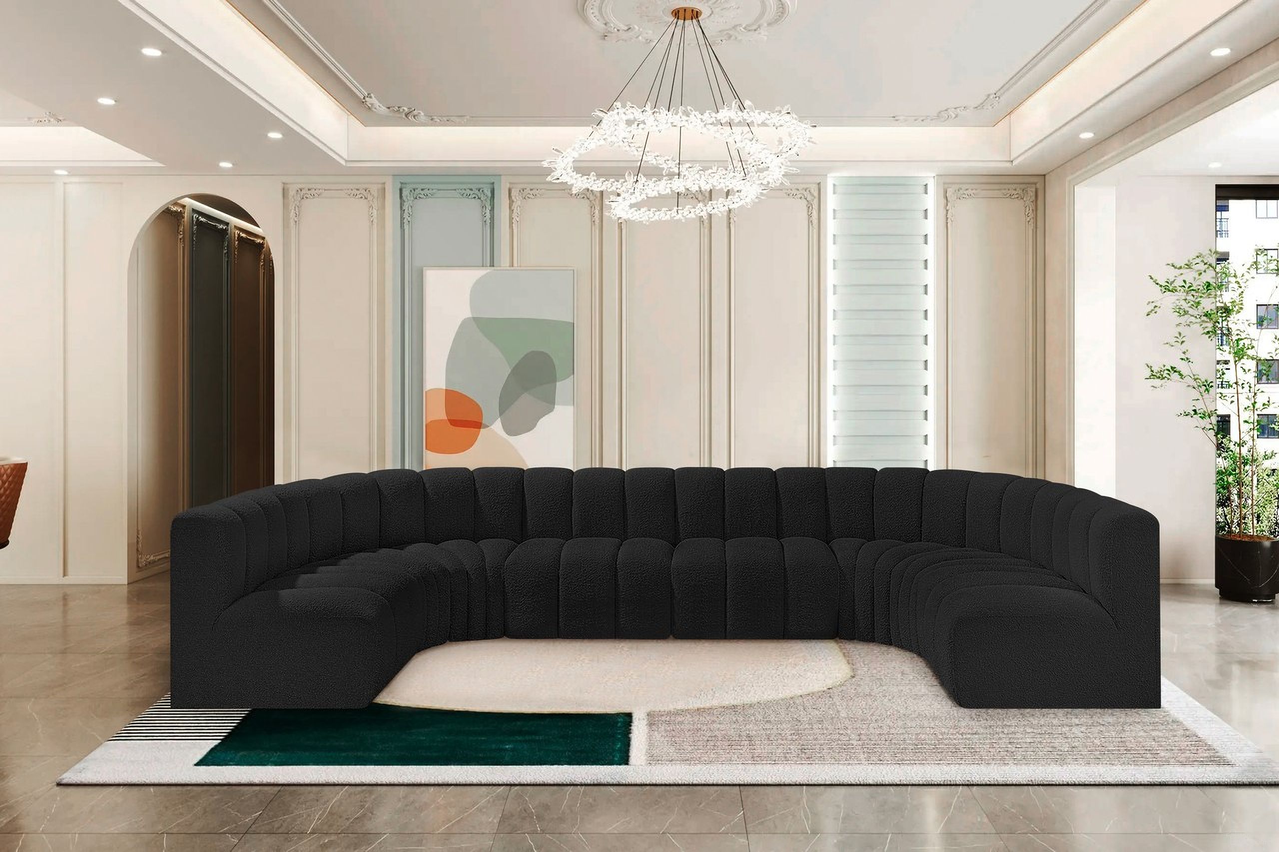 The appearance of Arc Boucle Fabric 8 Piece Modular Sofa In Black designed by Meridian in the modern / contemporary interior design. This black piece of furniture  was selected by 1StopBedrooms from Arc Collection to add a touch of cosiness and style into your home. Sku: 102Black-ST;102Black-ST;102Black-ST;102Black-ST;102Black-CC;102Black-CC;102Black-CC;102Black-CC. Layout: Modular. Material: Boucle.