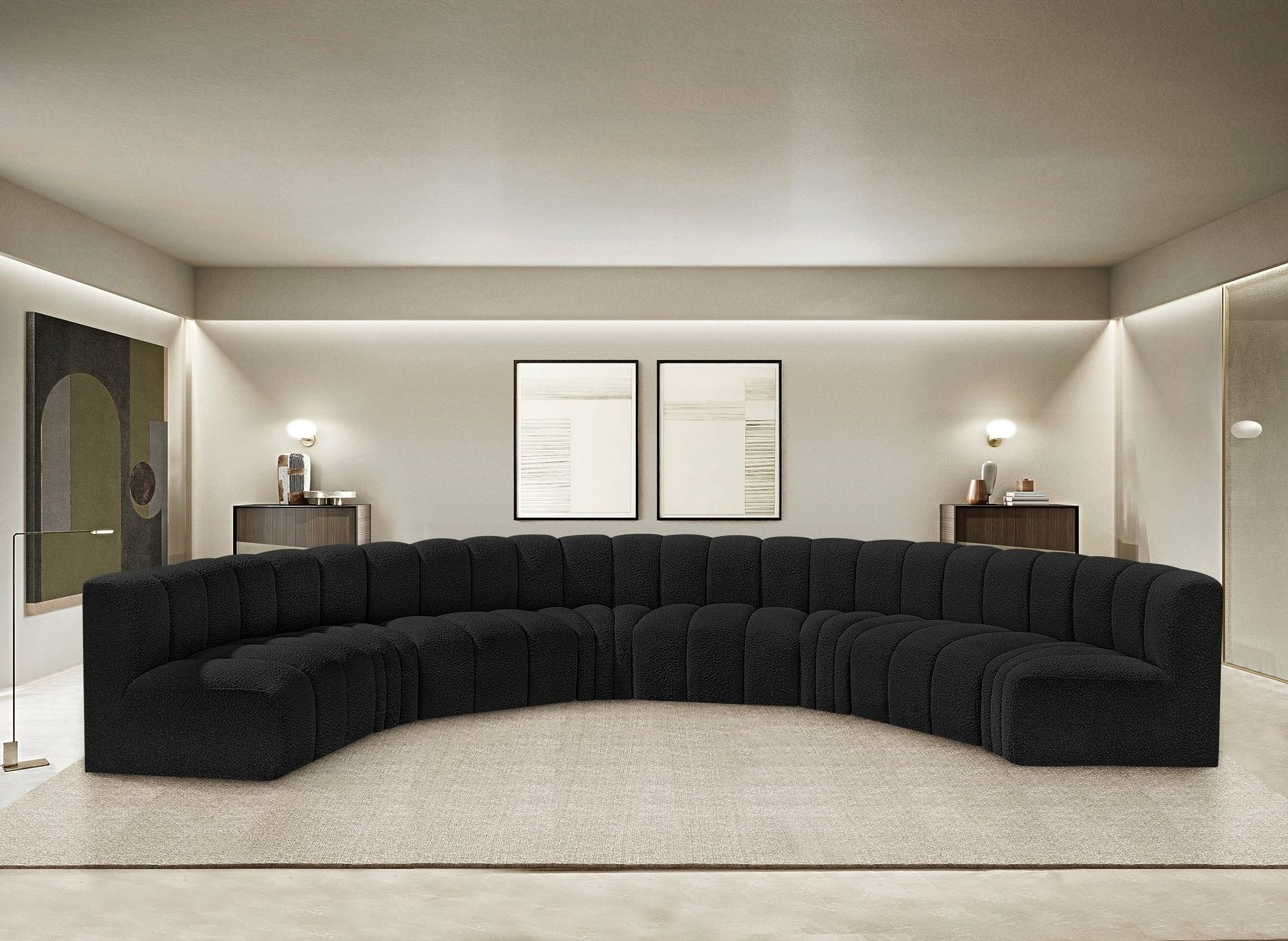 The appearance of Arc Boucle Fabric 8 Piece Modular Sofa In Black designed by Meridian in the modern / contemporary interior design. This black piece of furniture  was selected by 1StopBedrooms from Arc Collection to add a touch of cosiness and style into your home. Sku: 102Black-ST;102Black-ST;102Black-ST;102Black-ST;102Black-CC;102Black-CC;102Black-CC;102Black-CC. Layout: Modular. Material: Boucle.
