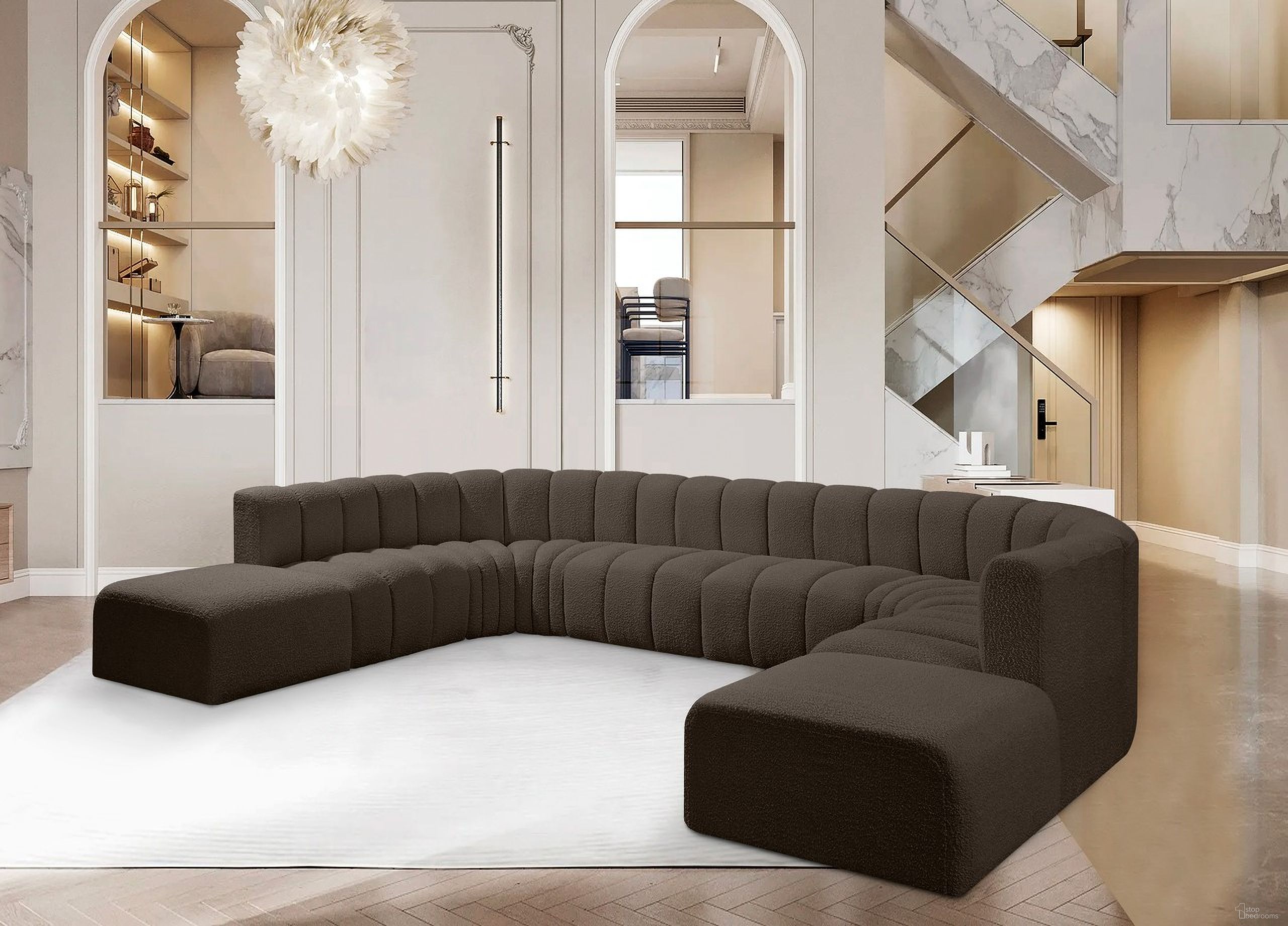 The appearance of Arc Boucle Fabric 10 Piece Modular Sofa In Brown designed by Meridian in the modern / contemporary interior design. This brown piece of furniture was selected by 1StopBedrooms from Arc Collection to add a touch of cosiness and style into your home. Sku: 102Brown-ST;102Brown-ST;102Brown-ST;102Brown-ST;102Brown-CC;102Brown-CC;102Brown-CC;102Brown-CC;102Brown-Ott;102Brown-Ott. Layout: Modular. Material: Boucle.