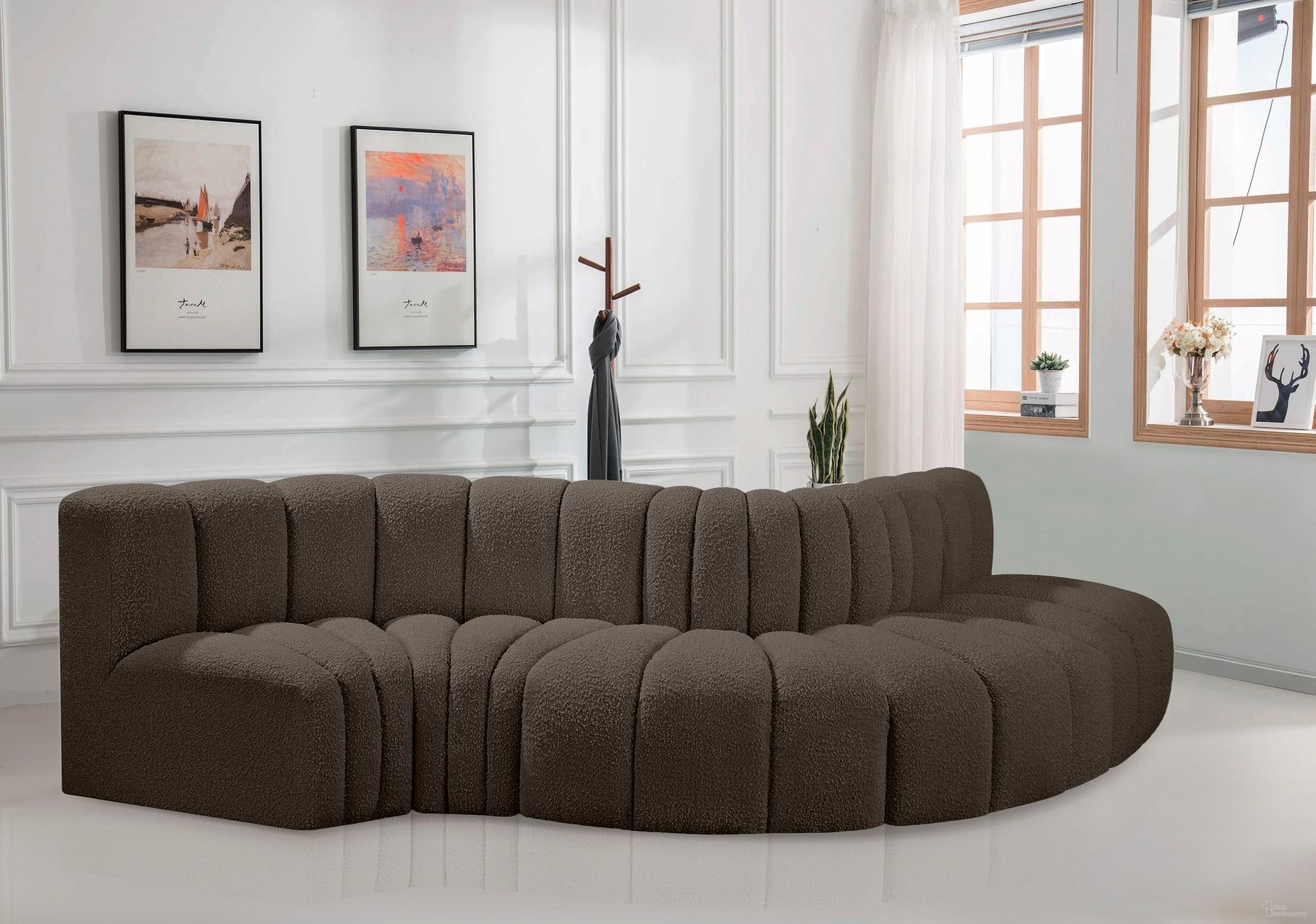 Arc Boucle Fabric 5 Piece Modular Sofa In Brown