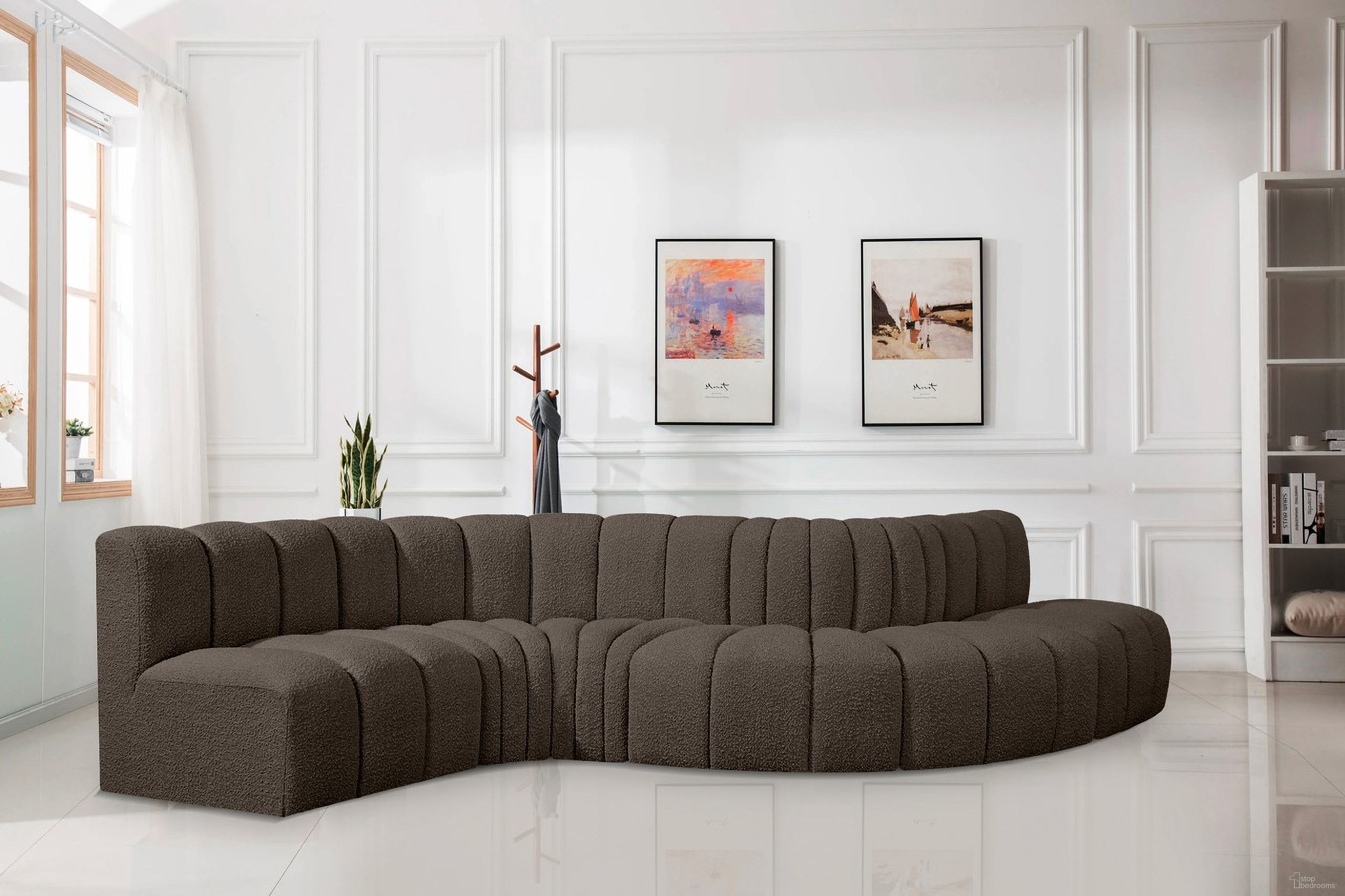The appearance of Arc Boucle Fabric 6 Piece Modular Sofa In Brown designed by Meridian in the modern / contemporary interior design. This brown piece of furniture was selected by 1StopBedrooms from Arc Collection to add a touch of cosiness and style into your home. Sku: 102Brown-ST;102Brown-ST;102Brown-CC;102Brown-CC;102Brown-RC;102Brown-RC. Layout: Modular. Material: Boucle.