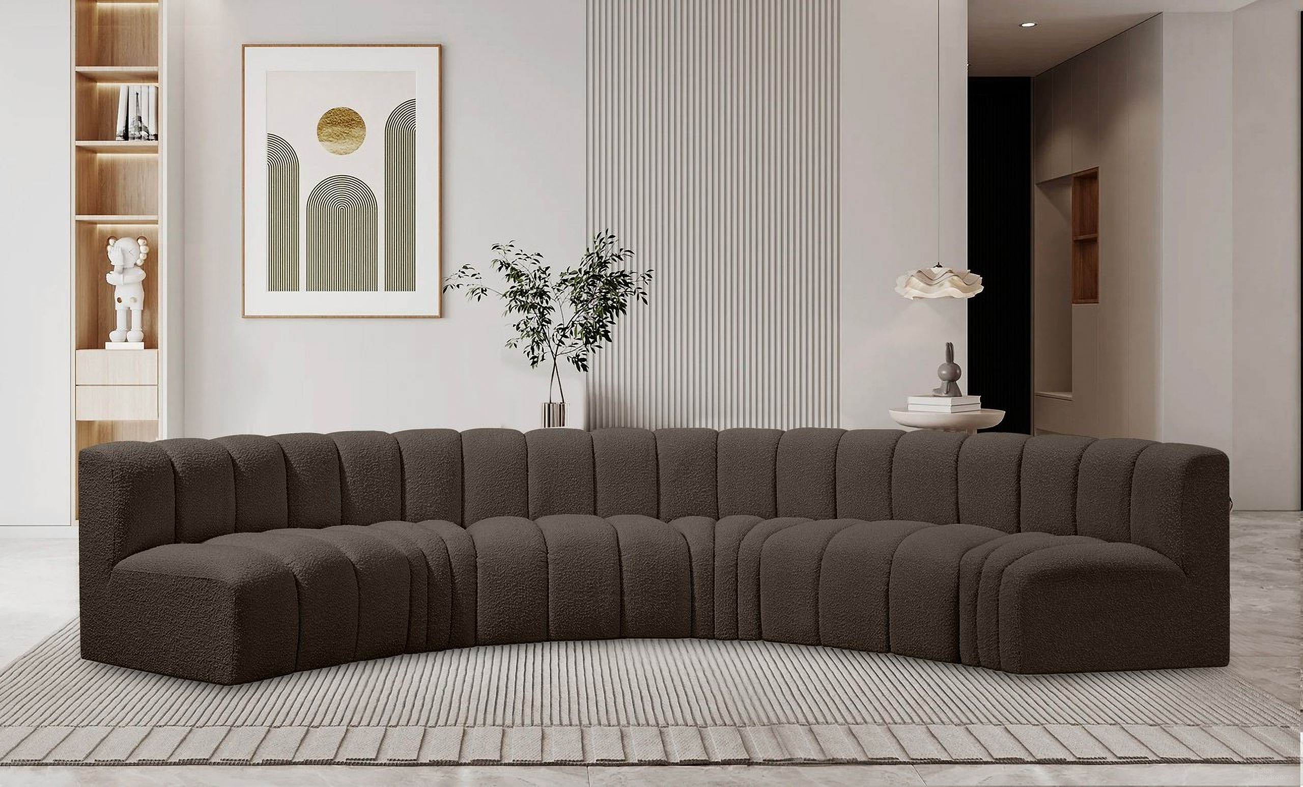 The appearance of Arc Boucle Fabric 6 Piece Modular Sofa In Brown designed by Meridian in the modern / contemporary interior design. This brown piece of furniture  was selected by 1StopBedrooms from Arc Collection to add a touch of cosiness and style into your home. Sku: 102Brown-ST;102Brown-ST;102Brown-ST;102Brown-CC;102Brown-CC;102Brown-CC. Layout: Modular. Material: Boucle.
