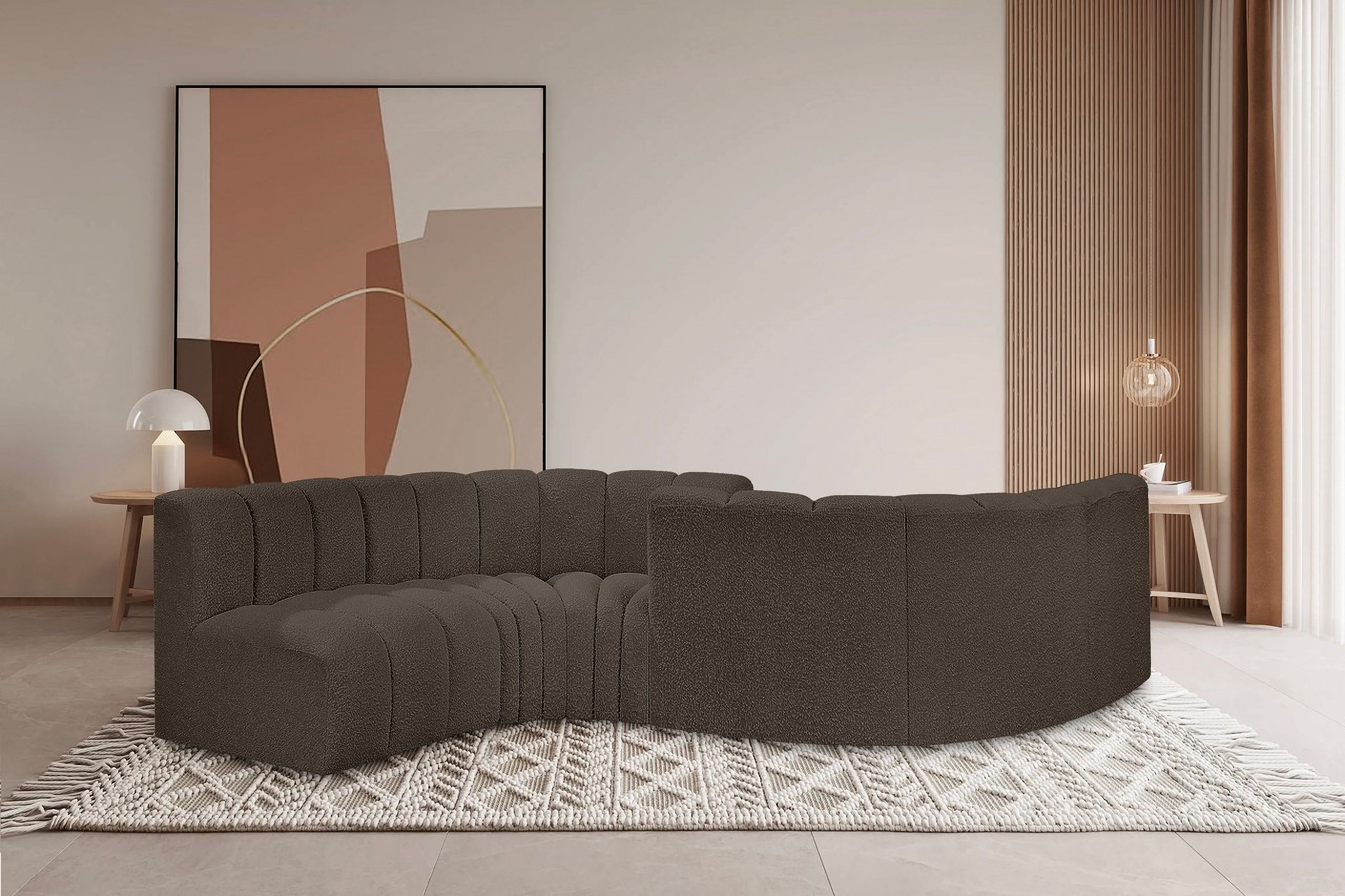 The appearance of Arc Boucle Fabric 6 Piece Modular Sofa In Brown designed by Meridian in the modern / contemporary interior design. This brown piece of furniture was selected by 1StopBedrooms from Arc Collection to add a touch of cosiness and style into your home. Sku: 102Brown-ST;102Brown-ST;102Brown-CC;102Brown-CC;102Brown-CC;102Brown-CC. Layout: Modular. Material: Boucle.