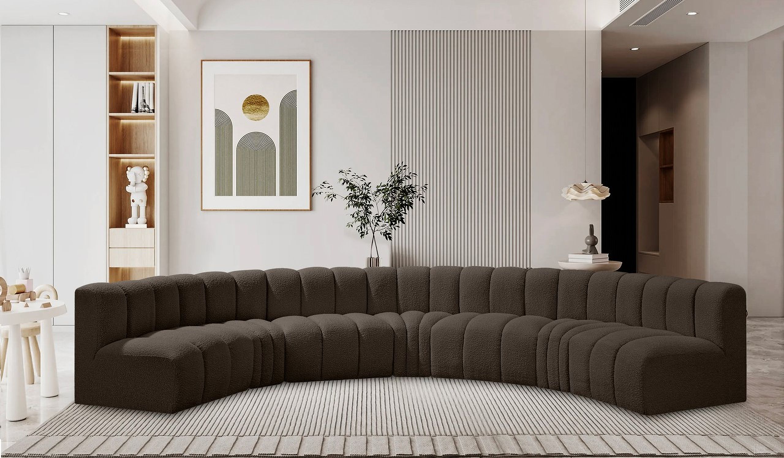 The appearance of Arc Boucle Fabric 7 Piece Modular Sofa In Brown designed by Meridian in the modern / contemporary interior design. This brown piece of furniture  was selected by 1StopBedrooms from Arc Collection to add a touch of cosiness and style into your home. Sku: 102Brown-ST;102Brown-ST;102Brown-ST;102Brown-ST;102Brown-CC;102Brown-CC;102Brown-CC. Layout: Modular. Material: Boucle.