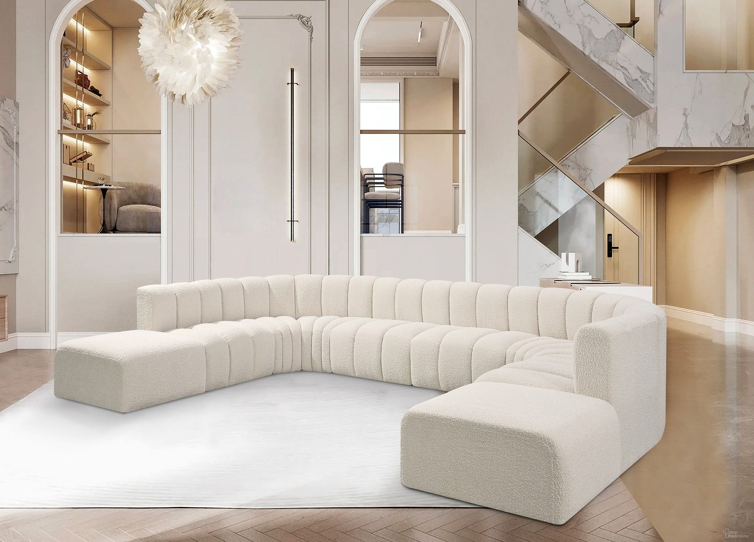 The appearance of Arc Boucle Fabric 10 Piece Modular Sofa In Cream designed by Meridian in the modern / contemporary interior design. This cream piece of furniture was selected by 1StopBedrooms from Arc Collection to add a touch of cosiness and style into your home. Sku: 102Cream-ST;102Cream-ST;102Cream-ST;102Cream-ST;102Cream-CC;102Cream-CC;102Cream-CC;102Cream-CC;102Cream-Ott;102Cream-Ott. Material: Boucle.