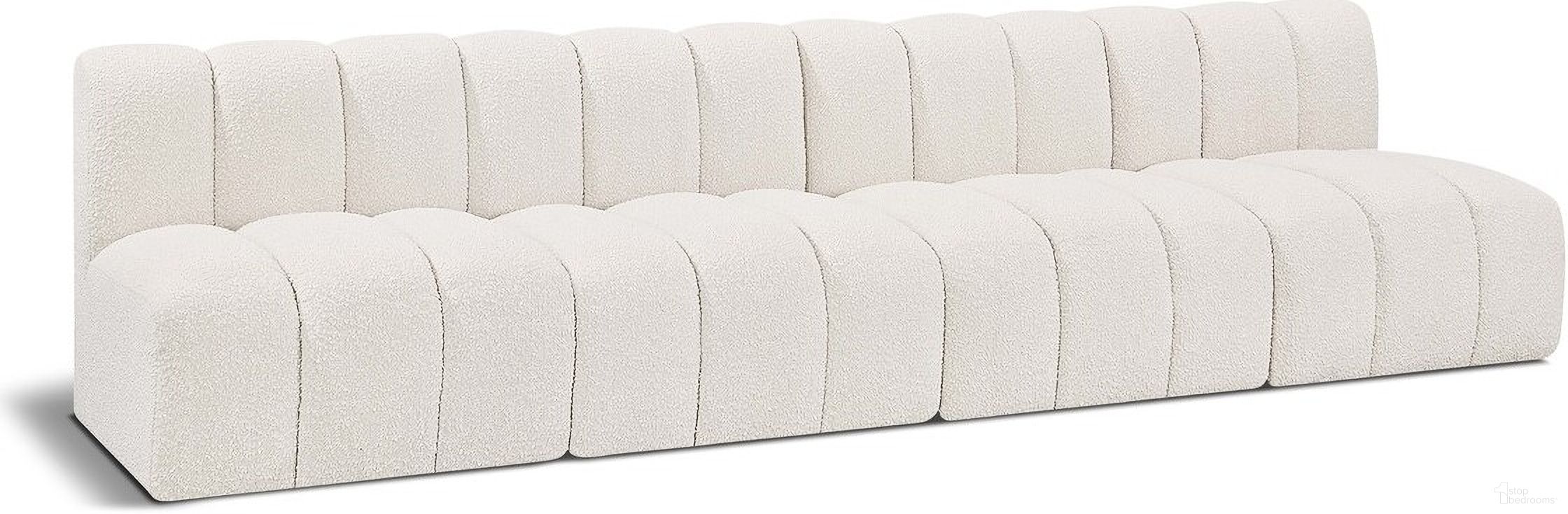 The appearance of Arc Boucle Fabric 4 Seater Modular Sofa In Cream designed by Meridian in the modern / contemporary interior design. This cream piece of furniture  was selected by 1StopBedrooms from Arc Collection to add a touch of cosiness and style into your home. Sku: 102Cream-ST;102Cream-ST;102Cream-ST;102Cream-ST. Material: Boucle.