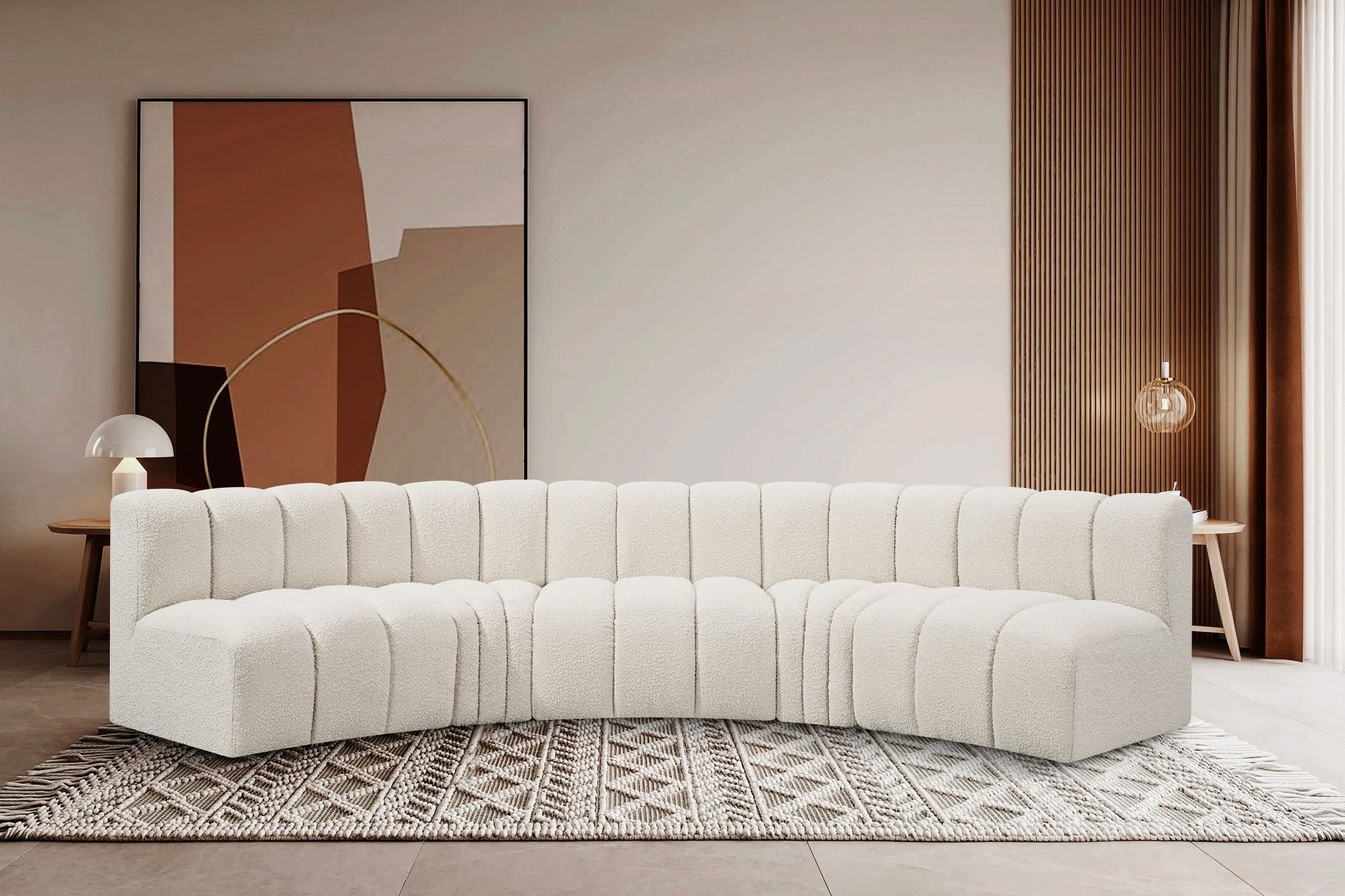 Arc Boucle Fabric 5 Piece Modular Sofa In Cream