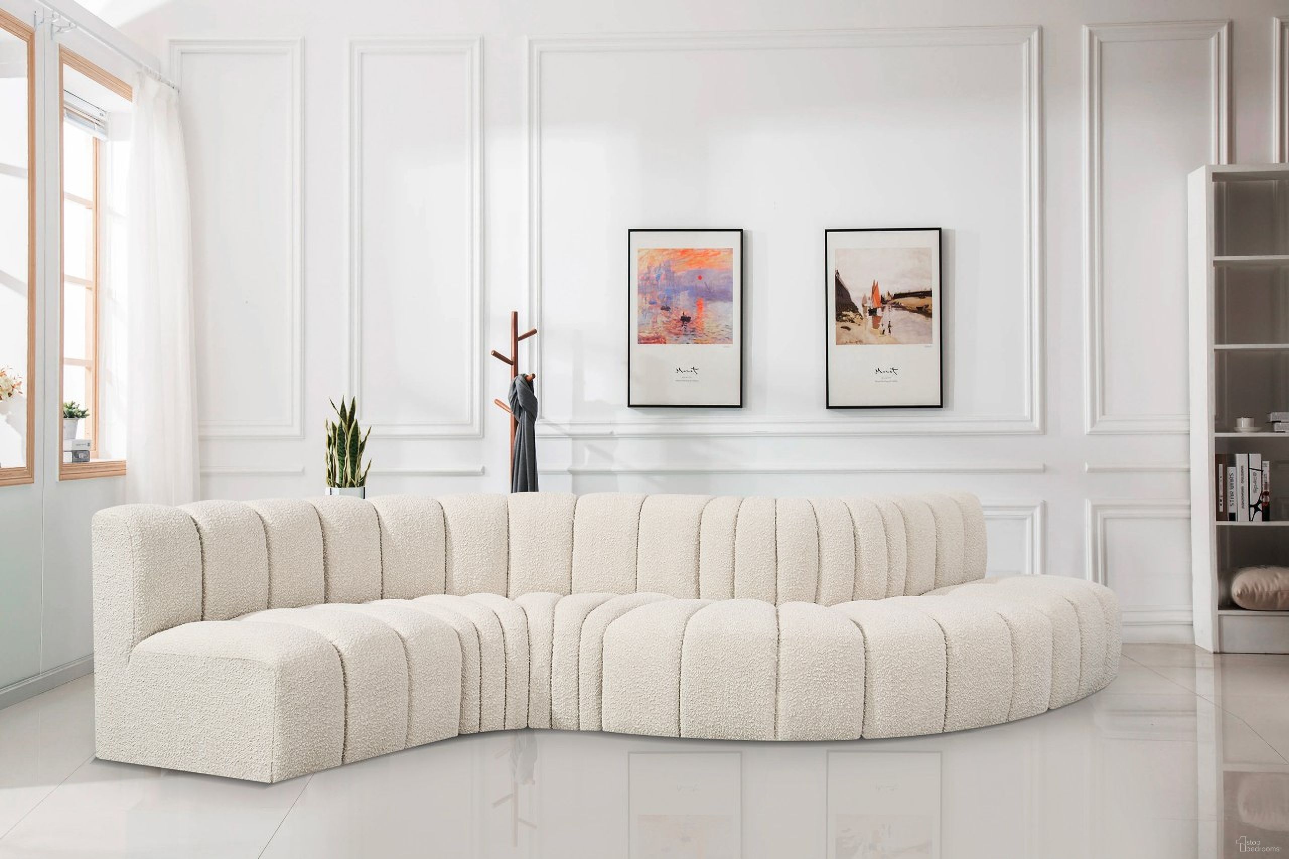 The appearance of Arc Boucle Fabric 6 Piece Modular Sofa In Cream designed by Meridian in the modern / contemporary interior design. This cream piece of furniture was selected by 1StopBedrooms from Arc Collection to add a touch of cosiness and style into your home. Sku: 102Cream-ST;102Cream-ST;102Cream-CC;102Cream-CC;102Cream-RC;102Cream-RC. Material: Boucle.