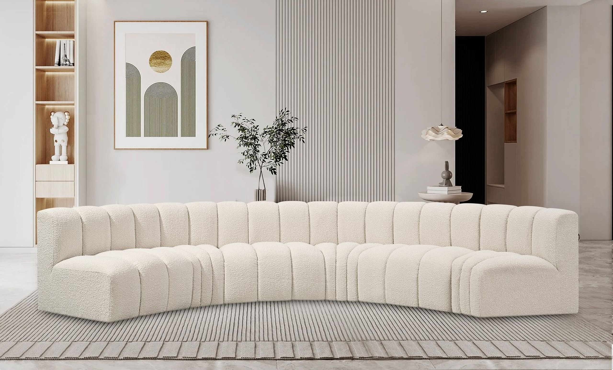 The appearance of Arc Boucle Fabric 6 Piece Modular Sofa In Cream designed by Meridian in the modern / contemporary interior design. This cream piece of furniture was selected by 1StopBedrooms from Arc Collection to add a touch of cosiness and style into your home. Sku: 102Cream-ST;102Cream-ST;102Cream-ST;102Cream-CC;102Cream-CC;102Cream-CC. Material: Boucle.