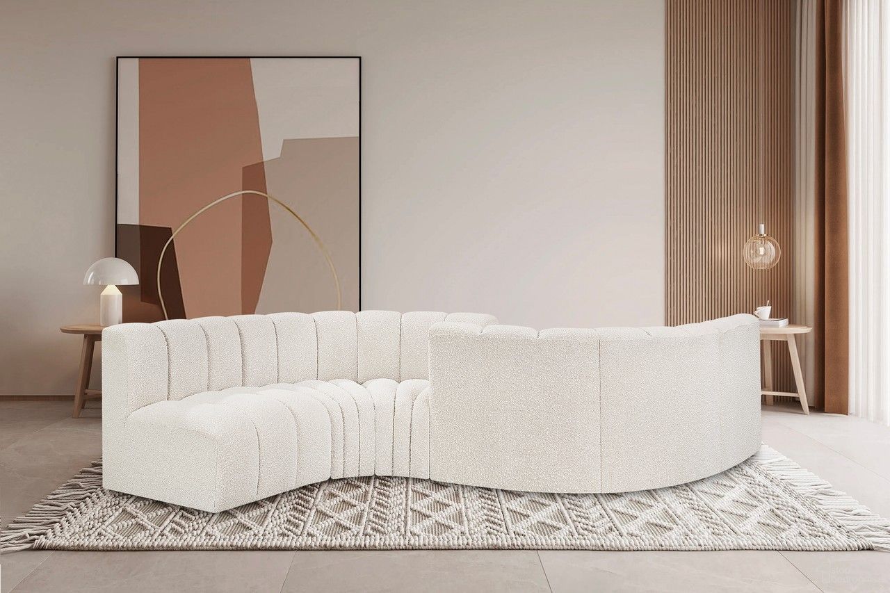 The appearance of Arc Boucle Fabric 6 Piece Modular Sofa In Cream designed by Meridian in the modern / contemporary interior design. This cream piece of furniture  was selected by 1StopBedrooms from Arc Collection to add a touch of cosiness and style into your home. Sku: 102Cream-ST;102Cream-ST;102Cream-CC;102Cream-CC;102Cream-CC;102Cream-CC. Material: Boucle.