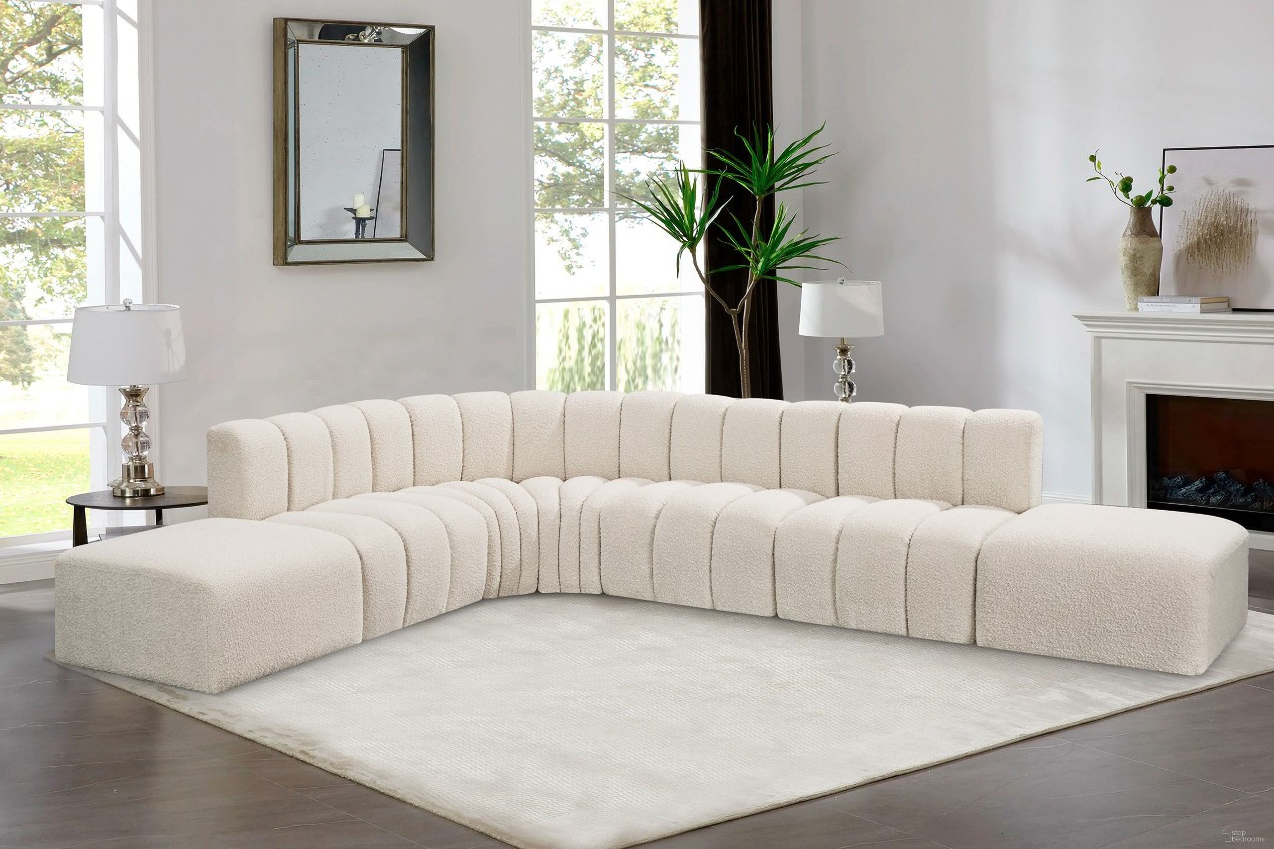 The appearance of Arc Boucle Fabric 7 Piece Modular Sofa In Cream designed by Meridian in the modern / contemporary interior design. This cream piece of furniture was selected by 1StopBedrooms from Arc Collection to add a touch of cosiness and style into your home. Sku: 102Cream-ST;102Cream-ST;102Cream-ST;102Cream-CC;102Cream-CC;102Cream-Ott;102Cream-Ott. Material: Boucle.