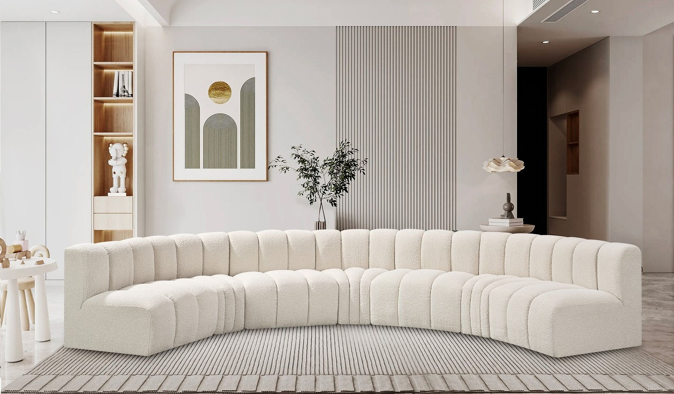 The appearance of Arc Boucle Fabric 7 Piece Modular Sofa In Cream designed by Meridian in the modern / contemporary interior design. This cream piece of furniture  was selected by 1StopBedrooms from Arc Collection to add a touch of cosiness and style into your home. Sku: 102Cream-ST;102Cream-ST;102Cream-ST;102Cream-ST;102Cream-CC;102Cream-CC;102Cream-CC. Material: Boucle.
