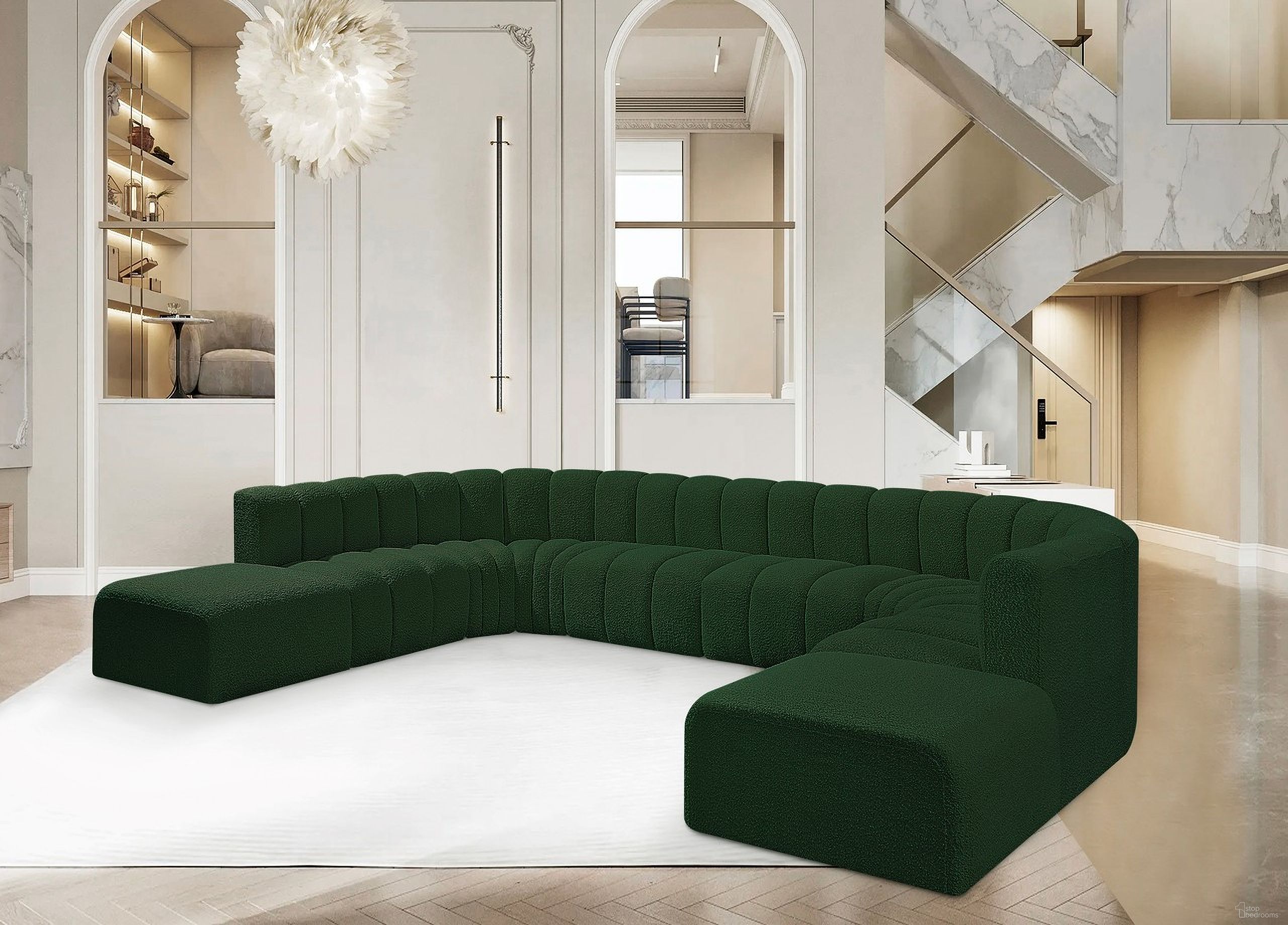 The appearance of Arc Boucle Fabric 10 Piece Modular Sofa In Green designed by Meridian in the modern / contemporary interior design. This green piece of furniture  was selected by 1StopBedrooms from Arc Collection to add a touch of cosiness and style into your home. Sku: 102Green-ST;102Green-ST;102Green-ST;102Green-ST;102Green-CC;102Green-CC;102Green-CC;102Green-CC;102Green-Ott;102Green-Ott. Material: Plywood. Layout: Modular.