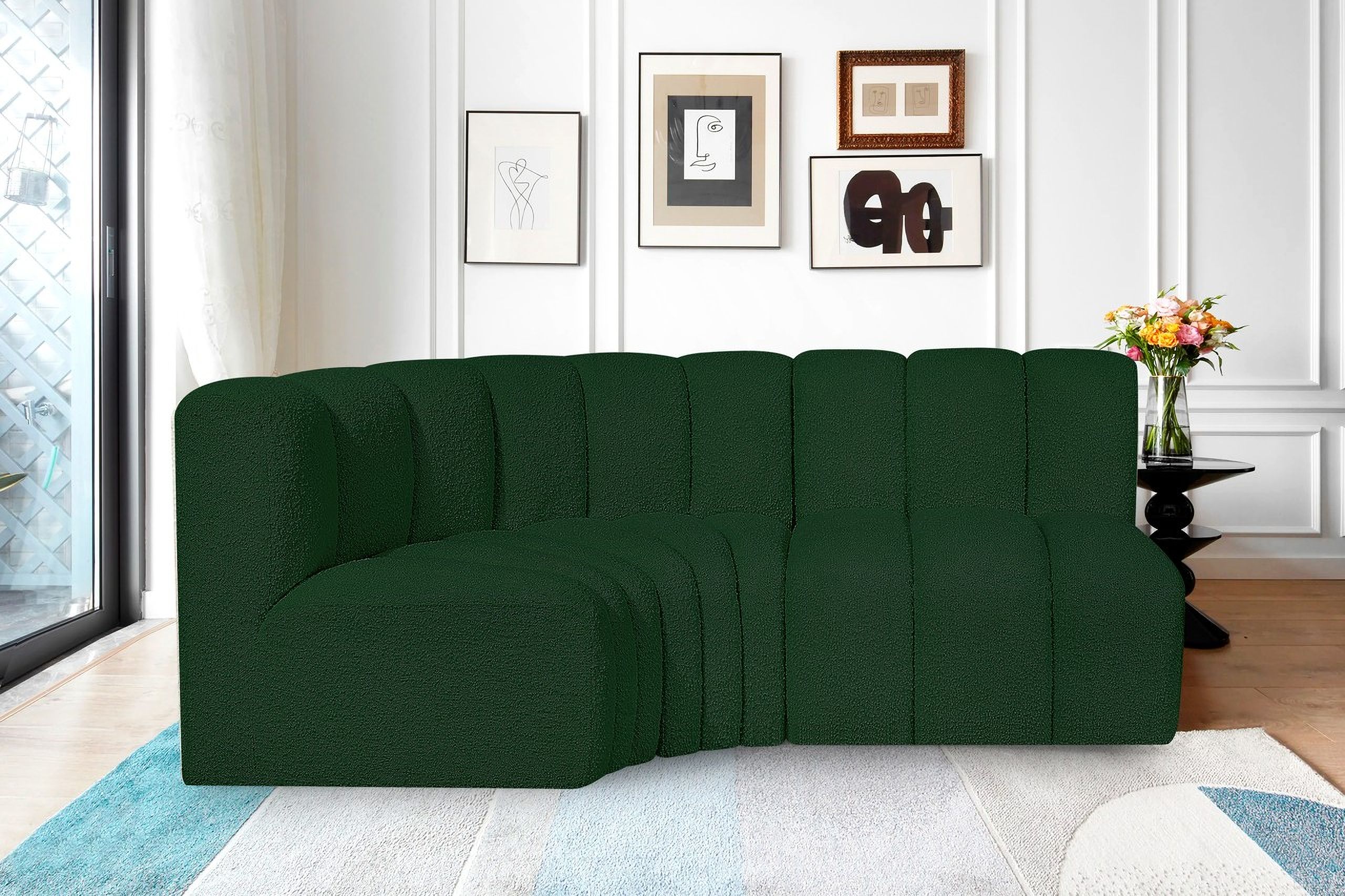 The appearance of Arc Boucle Fabric 3 Piece Modular Sofa In Green designed by Meridian in the modern / contemporary interior design. This green piece of furniture was selected by 1StopBedrooms from Arc Collection to add a touch of cosiness and style into your home. Sku: 102Green-ST;102Green-CC;102Green-CC. Material: Plywood. Layout: Modular.