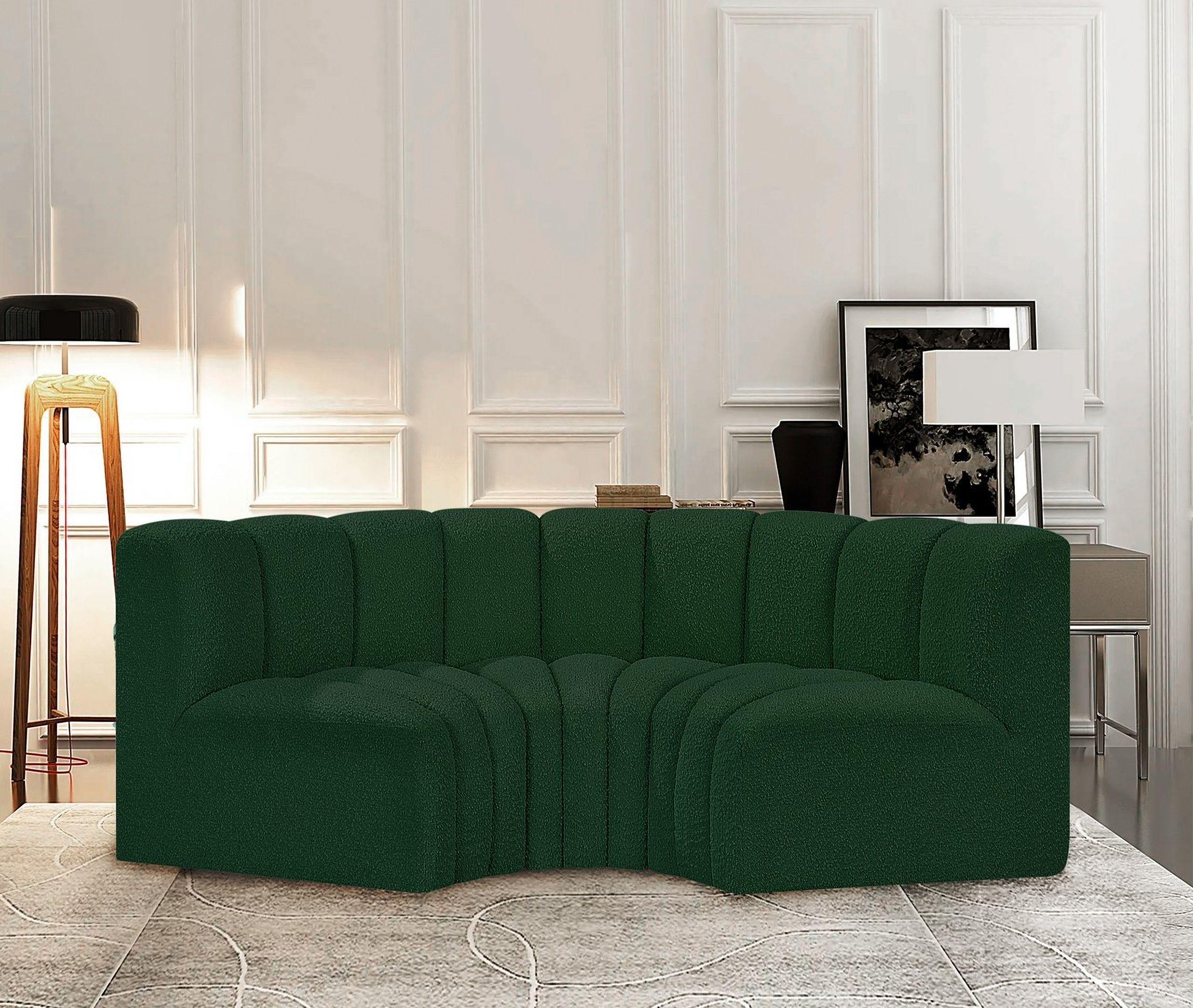 The appearance of Arc Boucle Fabric 3 Piece Modular Sofa In Green designed by Meridian in the modern / contemporary interior design. This green piece of furniture was selected by 1StopBedrooms from Arc Collection to add a touch of cosiness and style into your home. Sku: 102Green-CC;102Green-CC;102Green-CC. Material: Plywood. Layout: Modular.