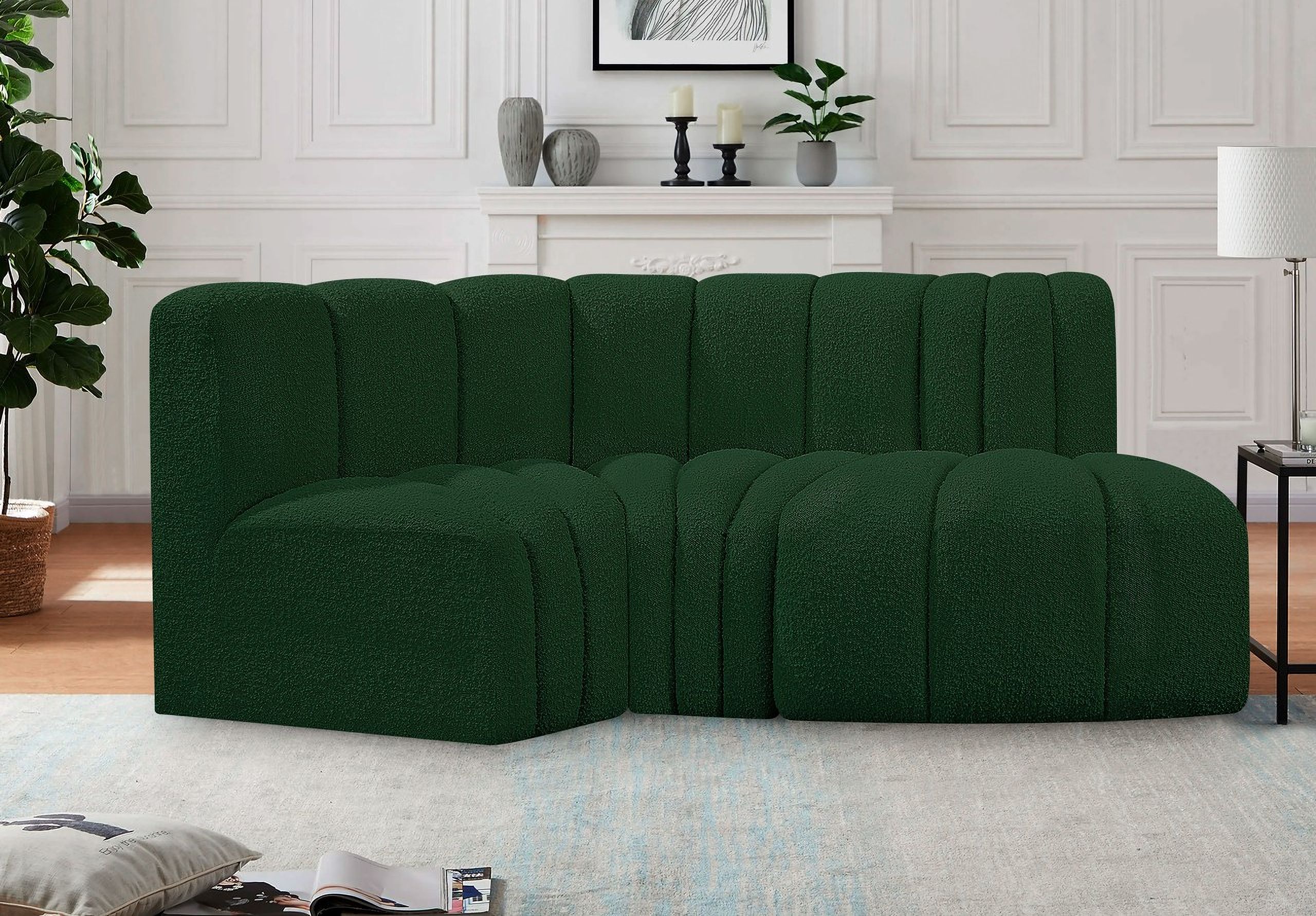 The appearance of Arc Boucle Fabric 3 Piece Modular Sofa In Green designed by Meridian in the modern / contemporary interior design. This green piece of furniture was selected by 1StopBedrooms from Arc Collection to add a touch of cosiness and style into your home. Sku: 102Green-CC;102Green-CC;102Green-RC. Material: Plywood. Layout: Modular.