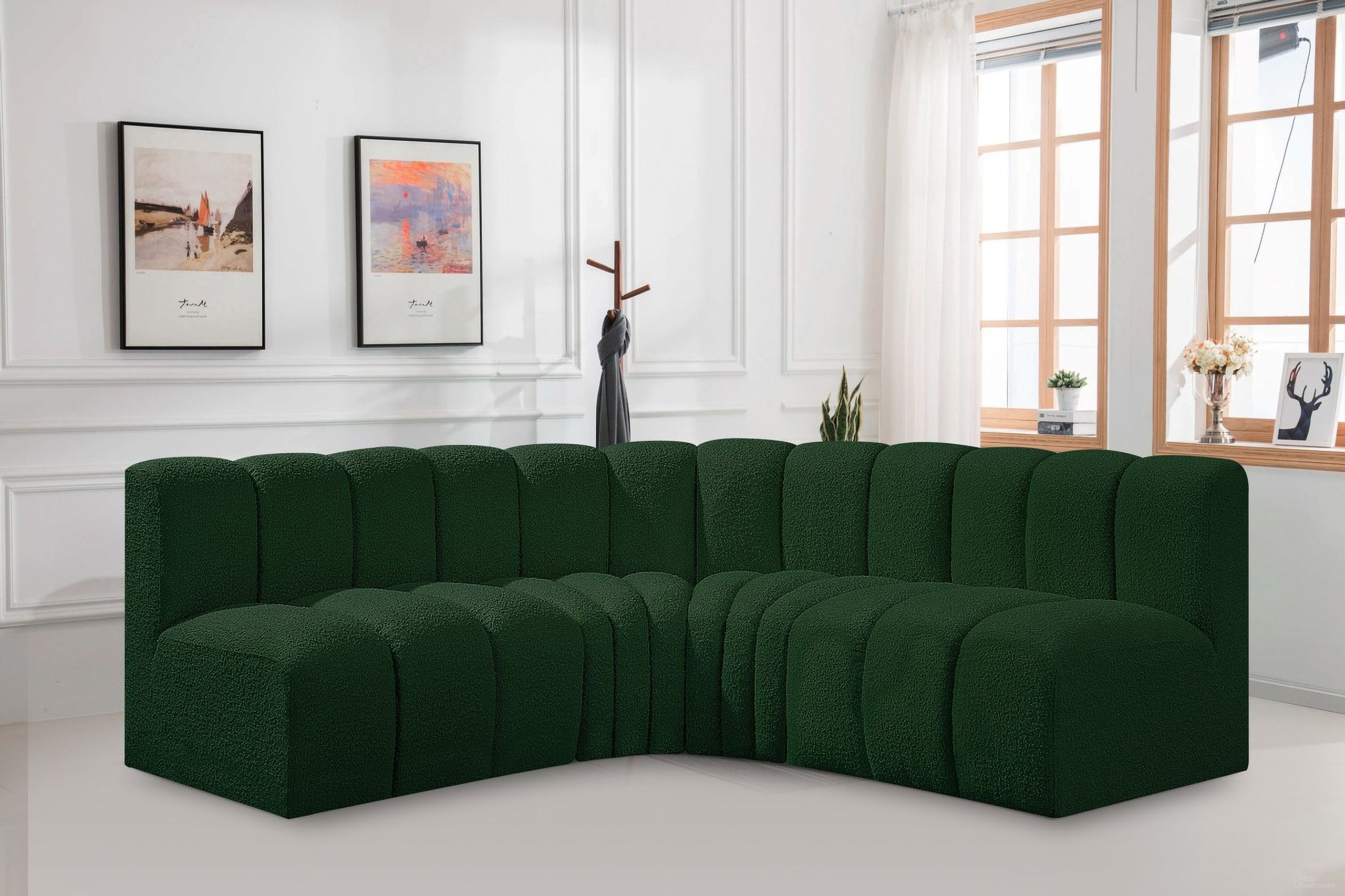 The appearance of Arc Boucle Fabric 4 Piece Modular Sofa In Green designed by Meridian in the modern / contemporary interior design. This green piece of furniture  was selected by 1StopBedrooms from Arc Collection to add a touch of cosiness and style into your home. Sku: 102Green-ST;102Green-ST;102Green-CC;102Green-CC. Material: Plywood. Layout: Modular.