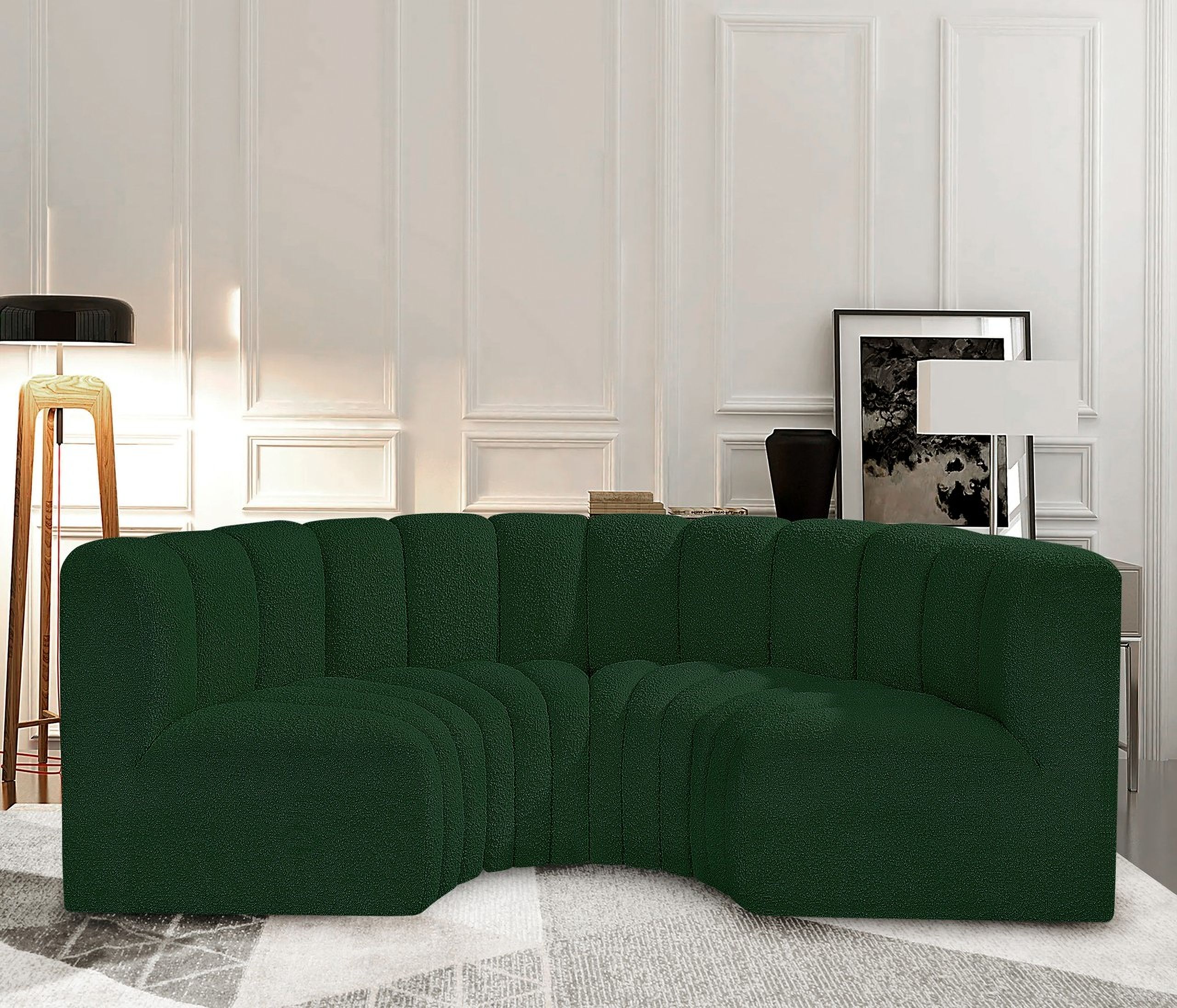 The appearance of Arc Boucle Fabric 4 Piece Modular Sofa In Green designed by Meridian in the modern / contemporary interior design. This green piece of furniture  was selected by 1StopBedrooms from Arc Collection to add a touch of cosiness and style into your home. Sku: 102Green-CC;102Green-CC;102Green-CC;102Green-CC. Material: Plywood. Layout: Modular.